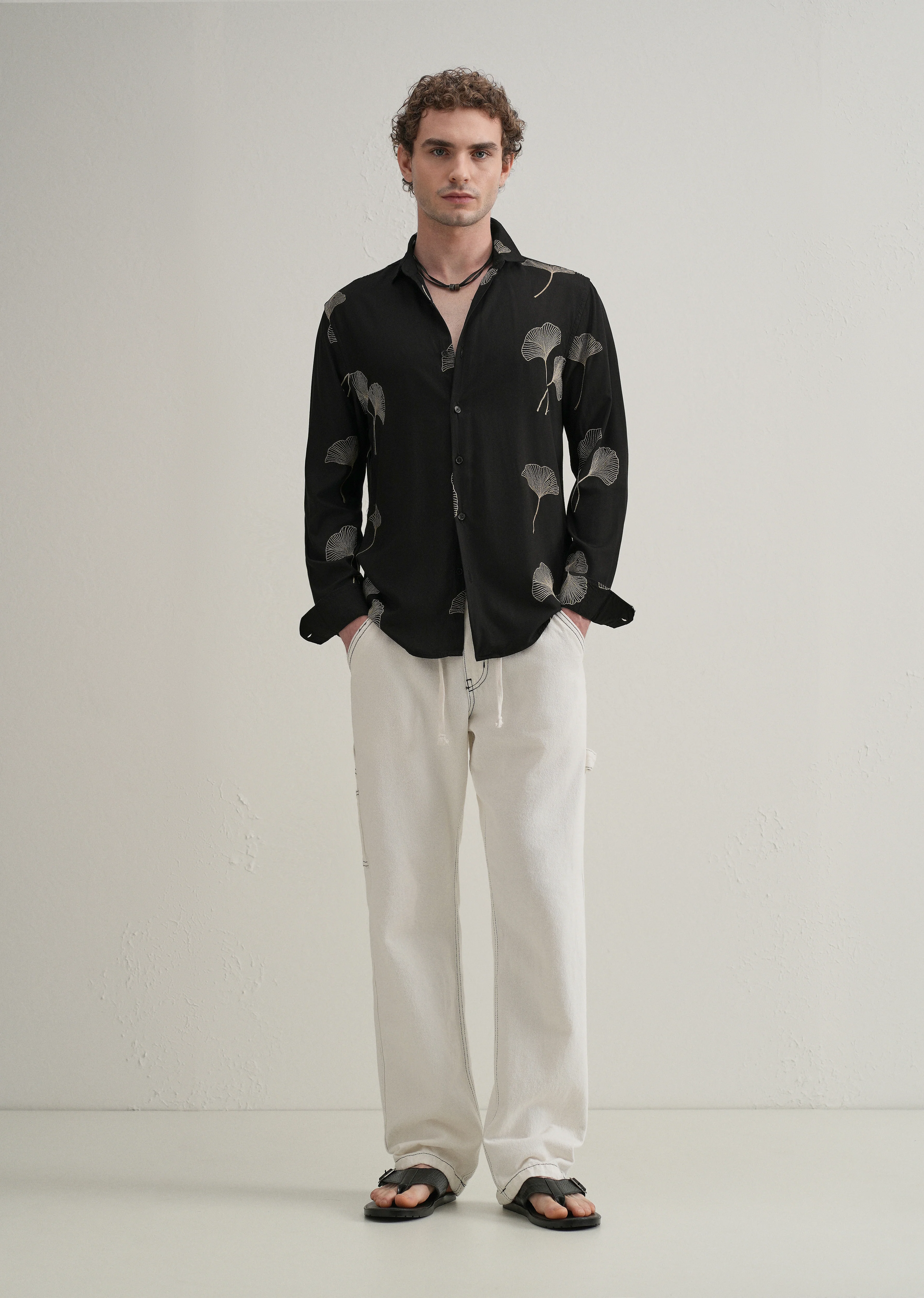 Black Abstract Leaf Embroidery Shirt - Image 6