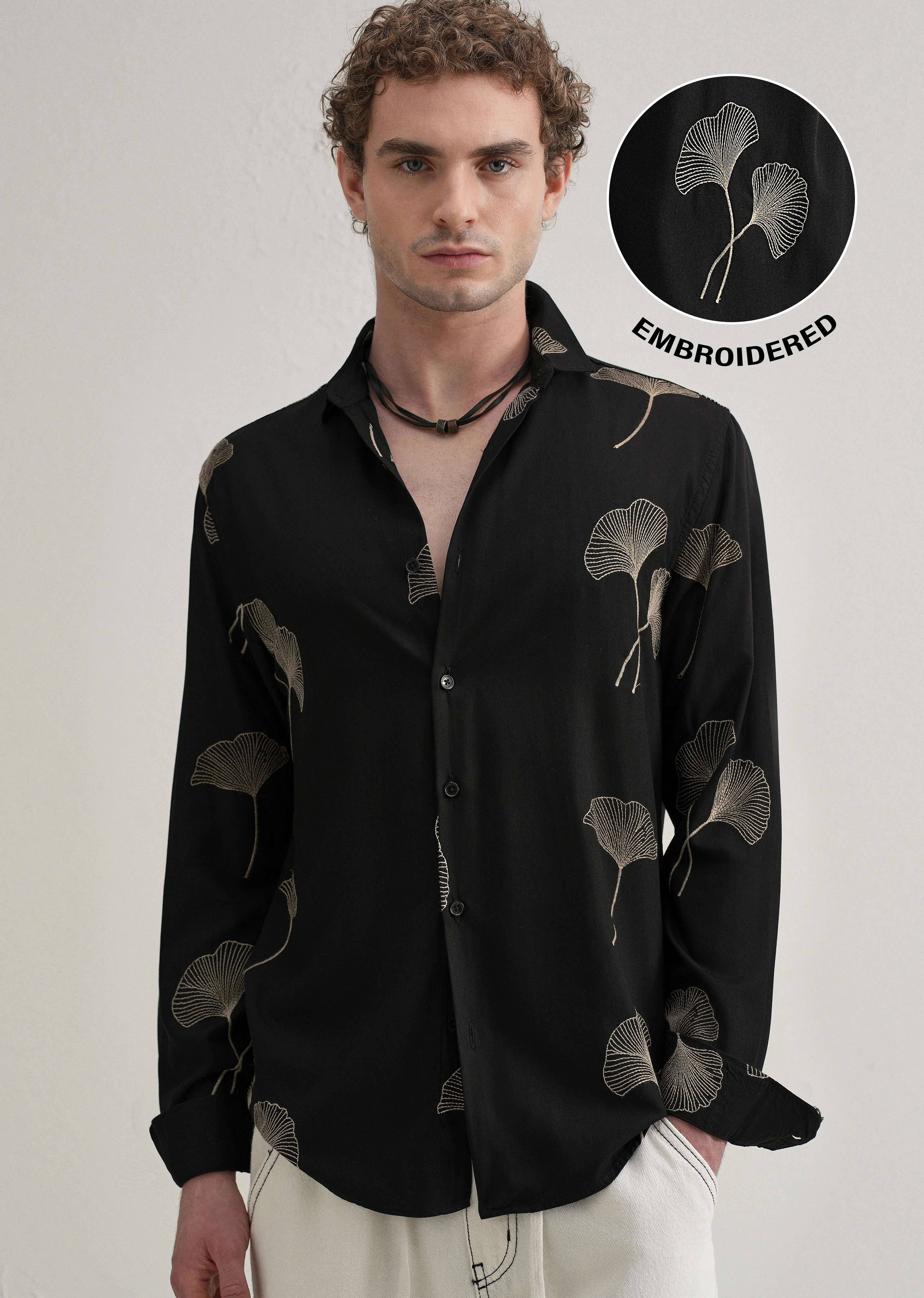 Black Abstract Leaf Embroidery Shirt - Image 7