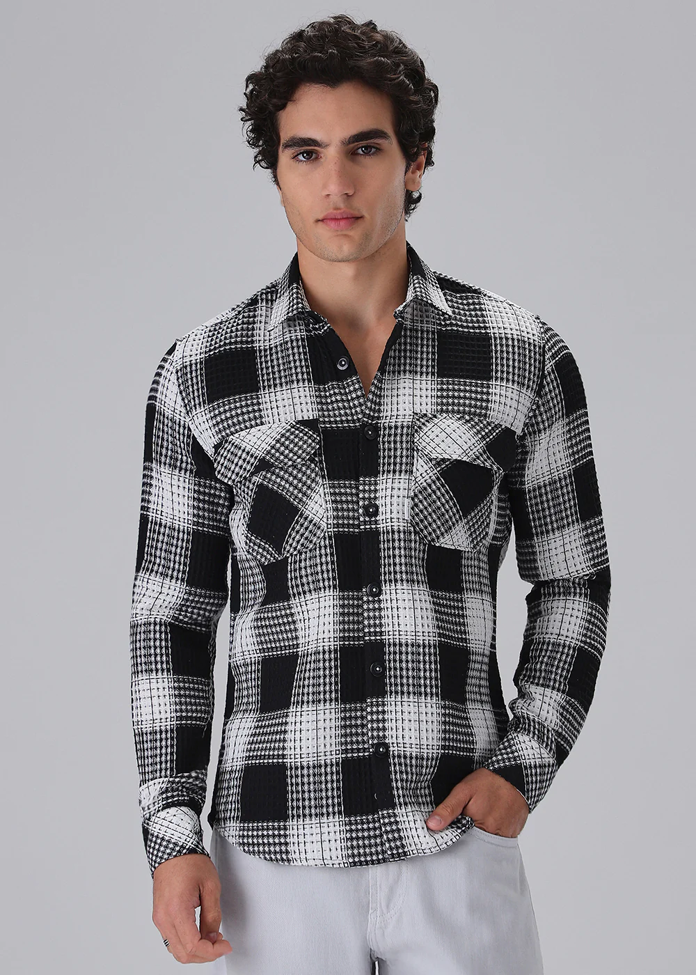 Black And White Waffle Plaid Check Shirt - Image 3