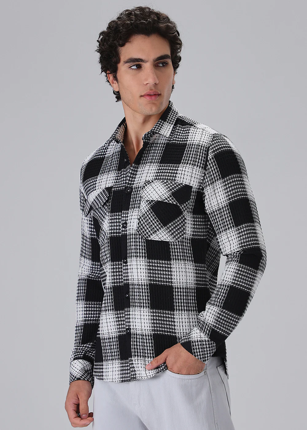 Black And White Waffle Plaid Check Shirt - Image 5