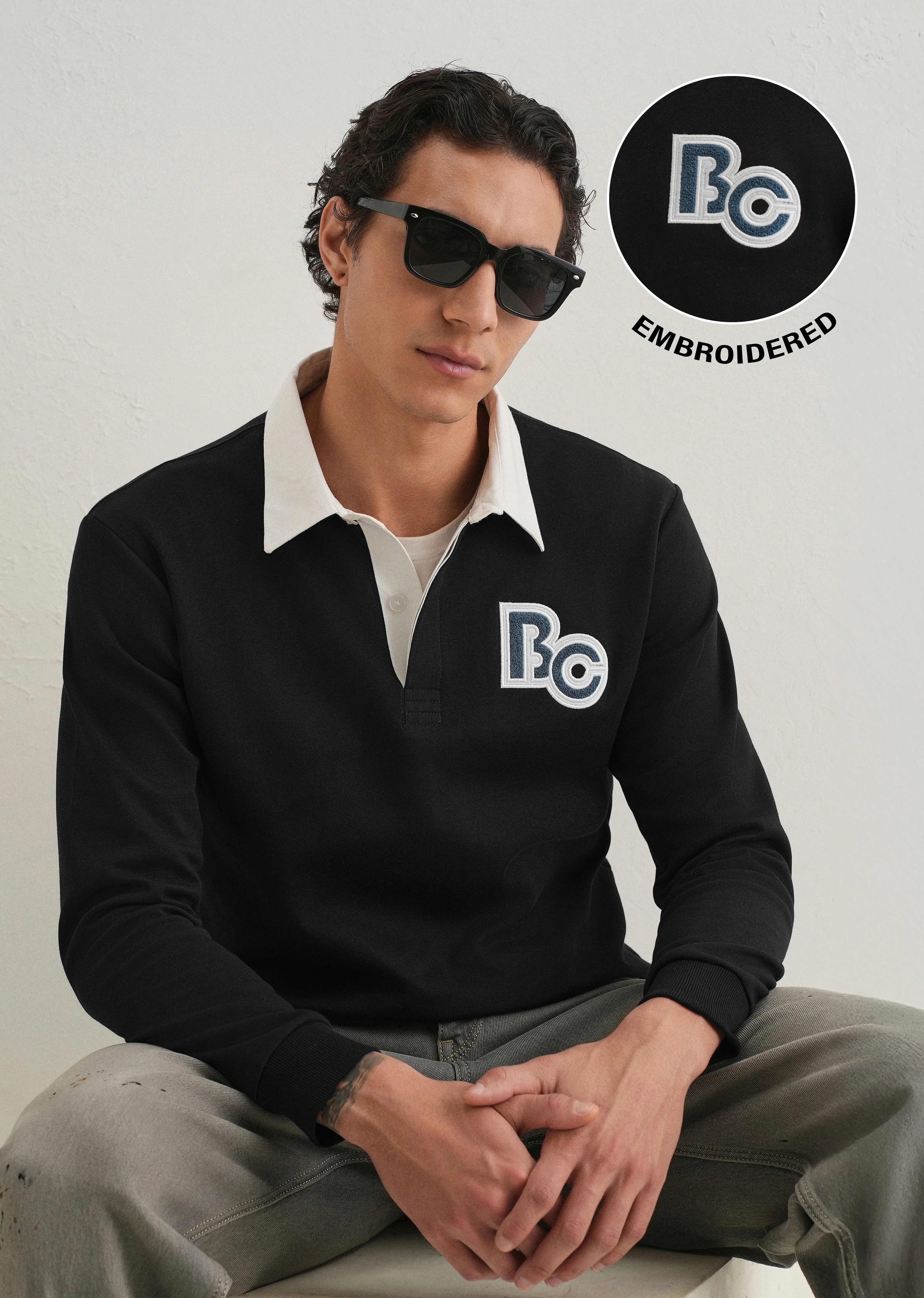 Black Back Print Polo Sweatshirt - Image 7
