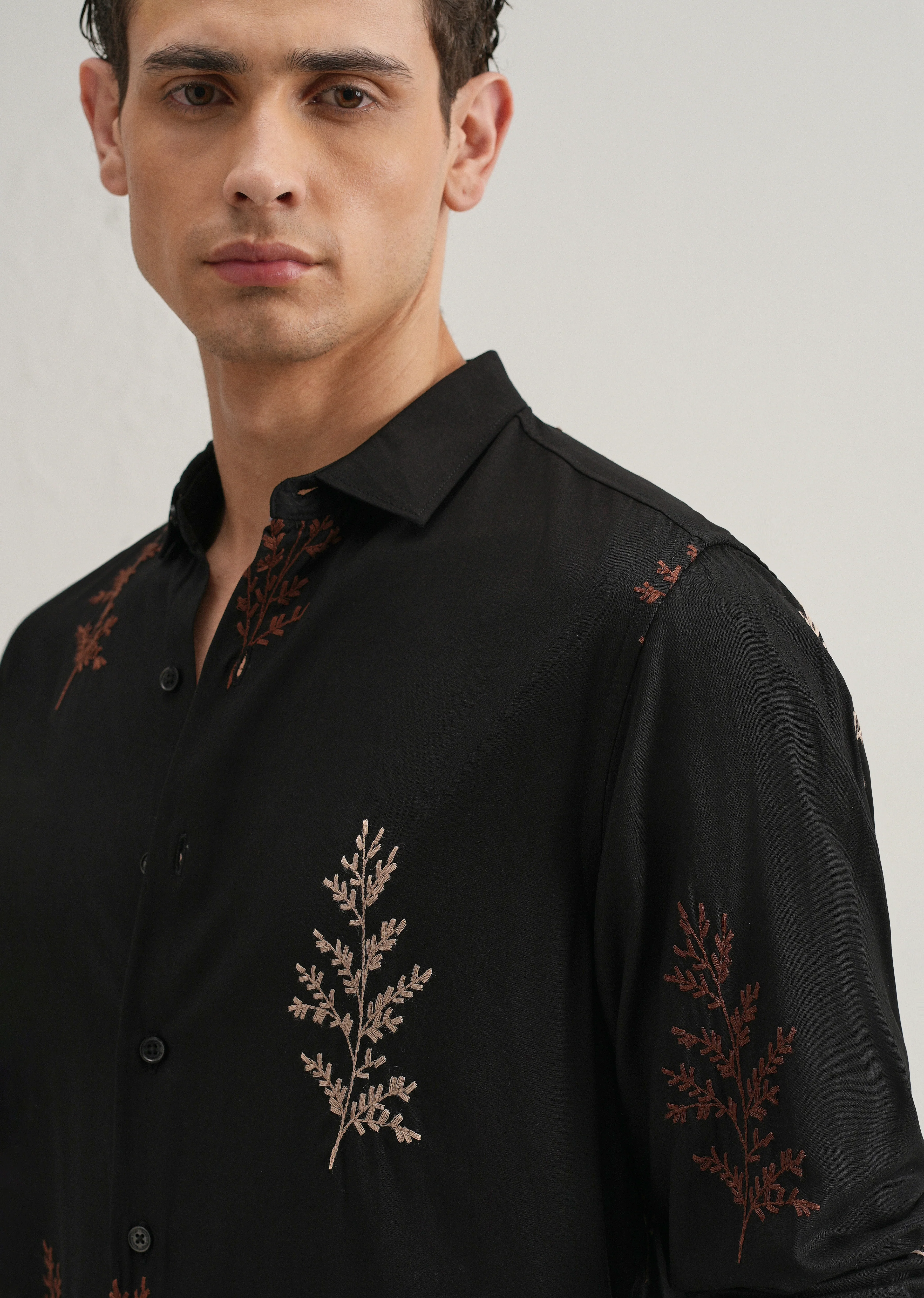 Black Botanical Embroidery Shirt - Image 2