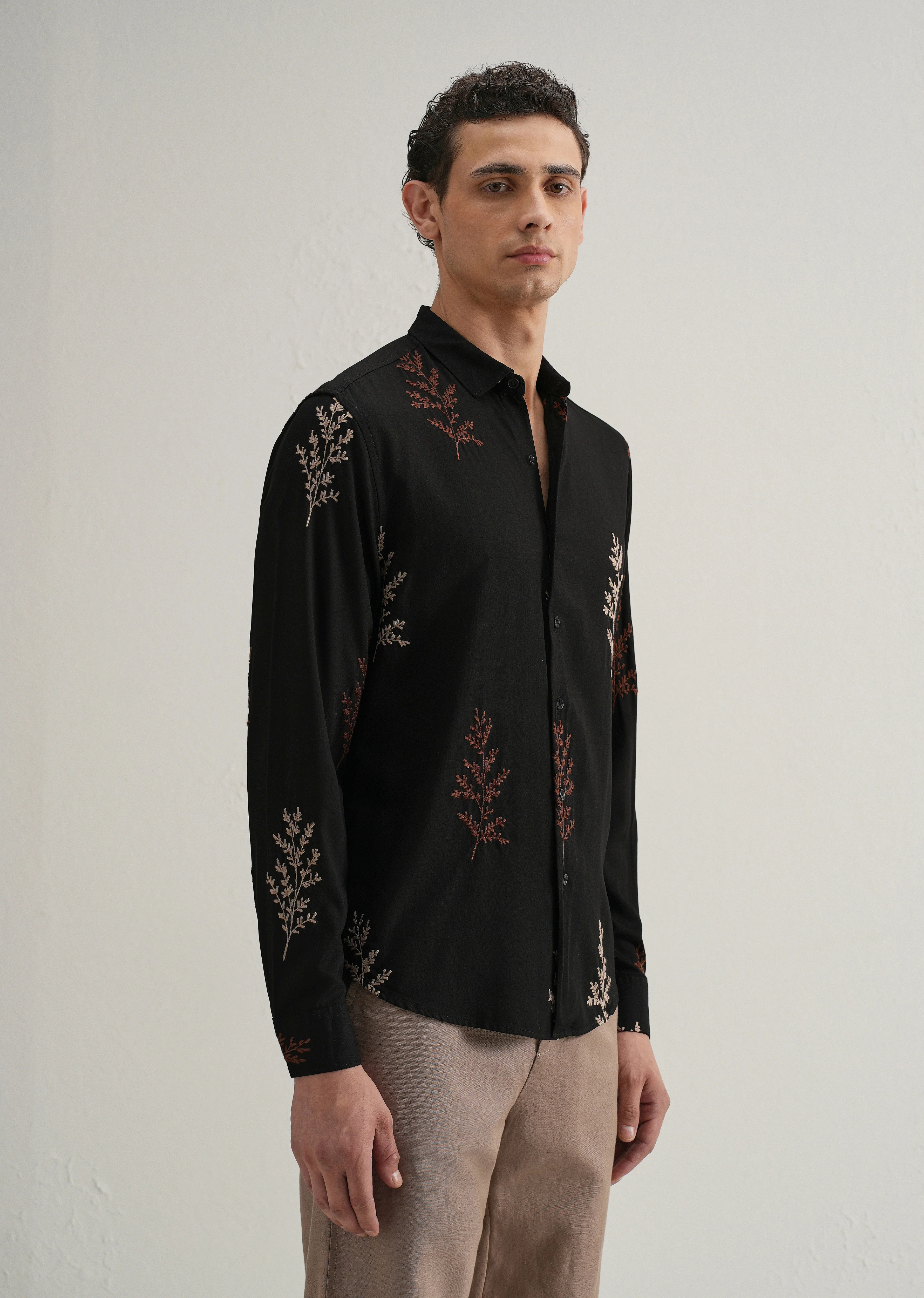 Black Botanical Embroidery Shirt - Image 5