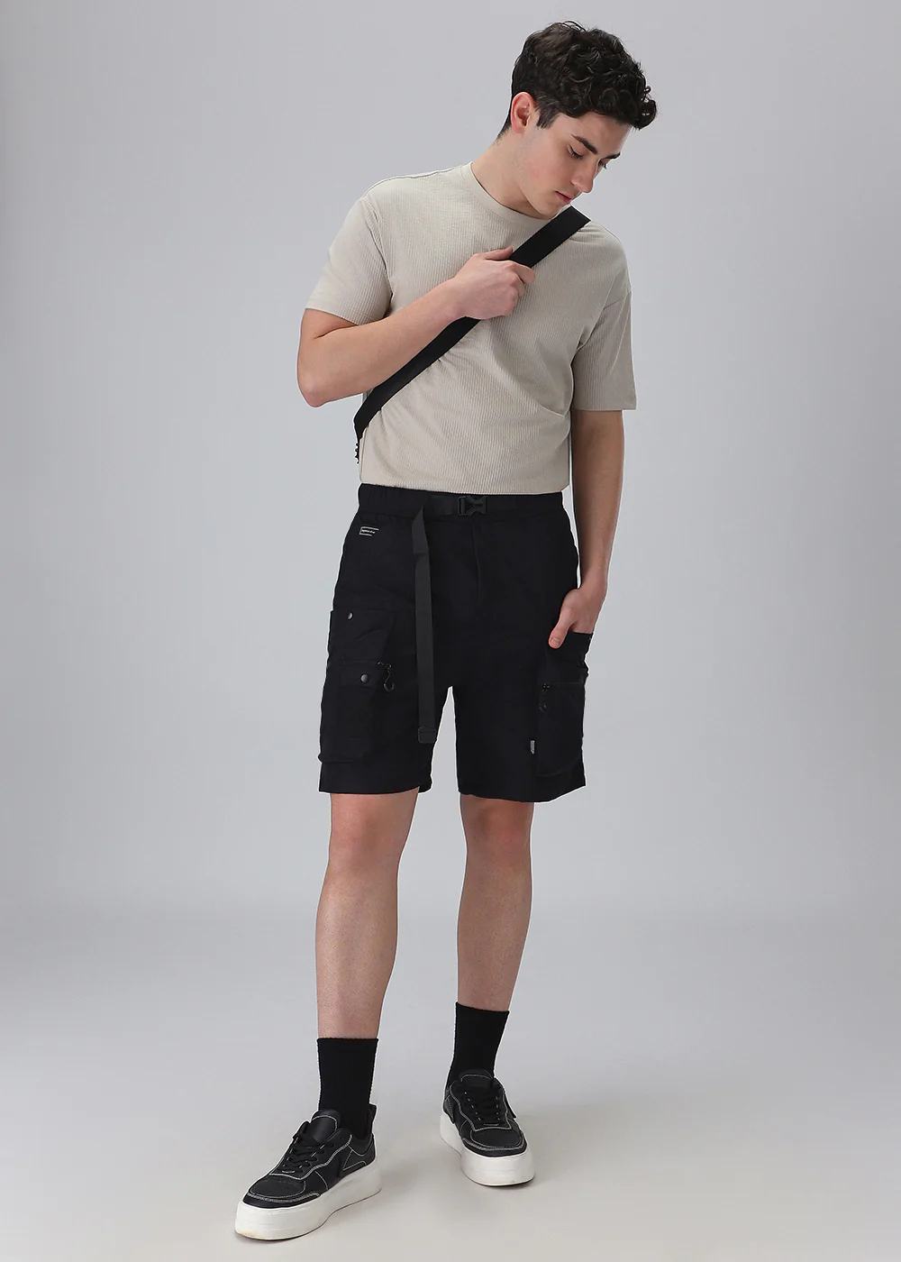 Black Buckle Belt Cargo Shorts - Image 7