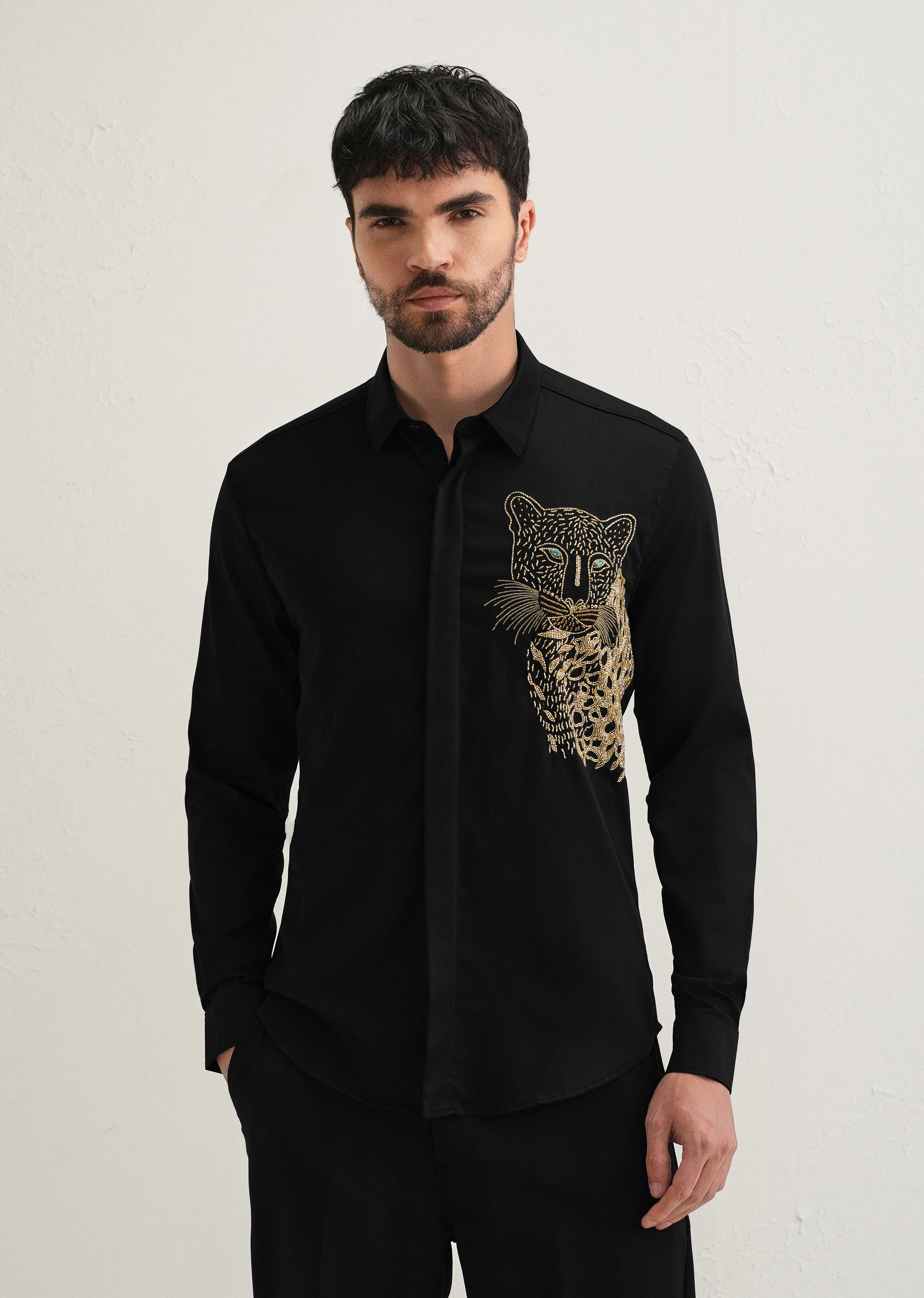 Black Cheetah Embellished Handwork Designer Shirt - Image 4