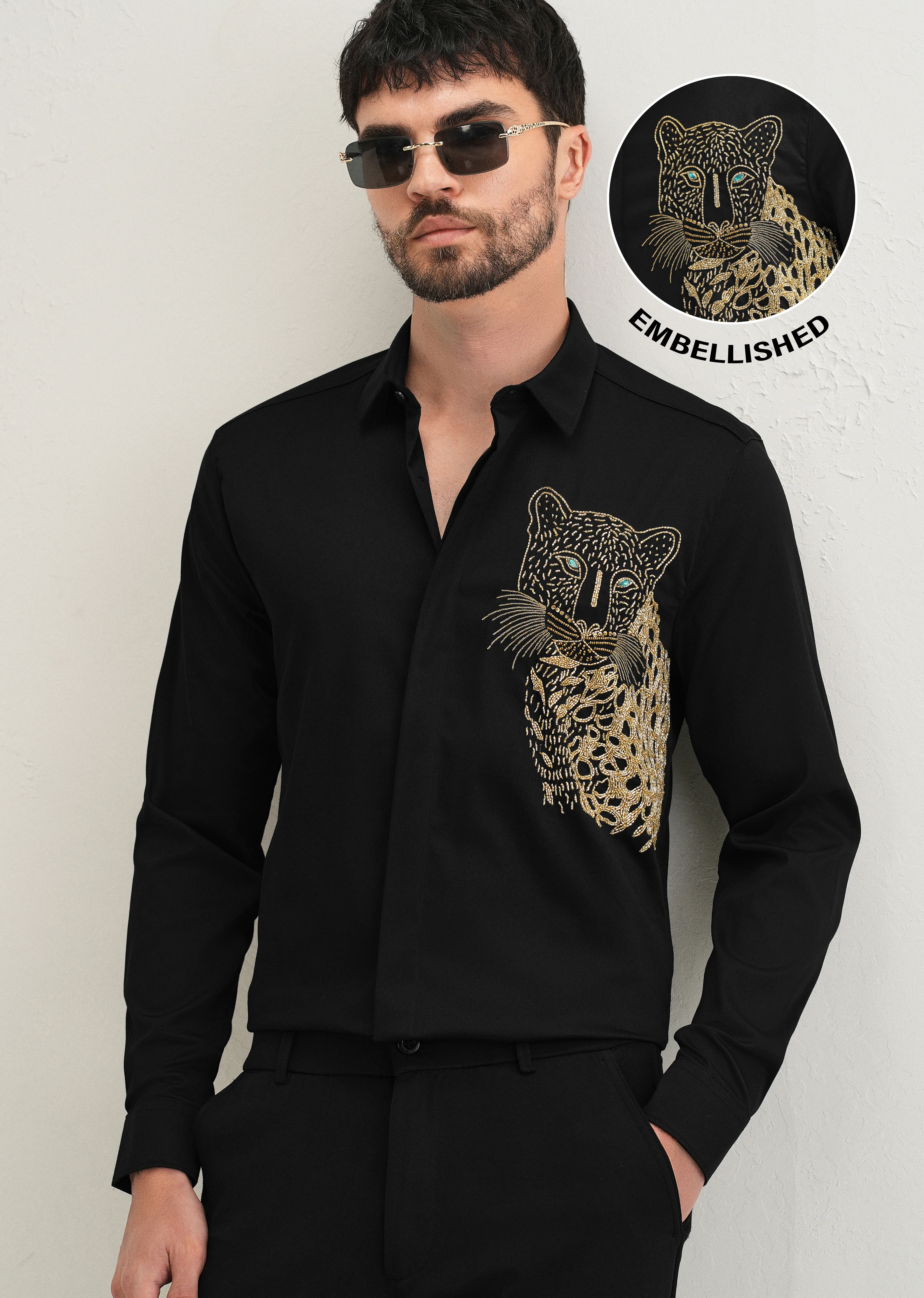 Black Cheetah Embellished Handwork Designer Shirt - Image 7