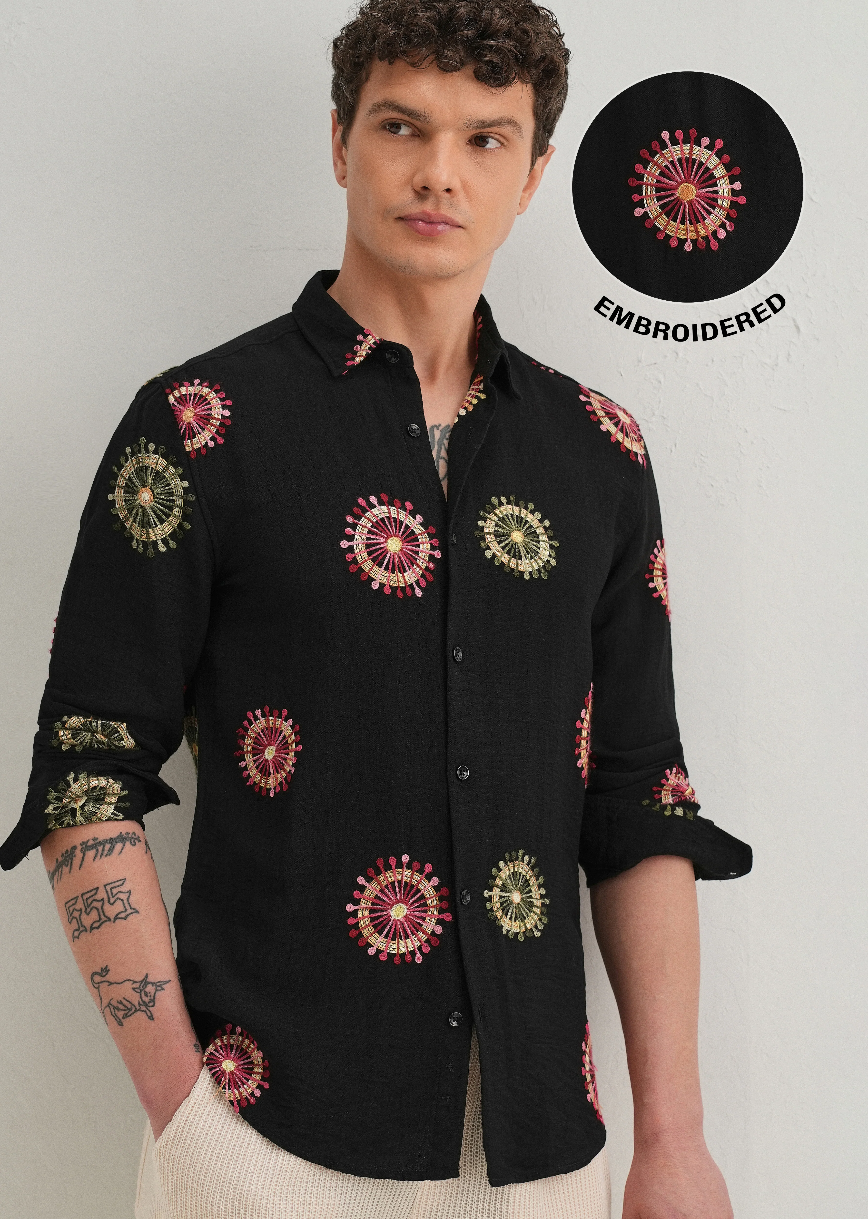 Black Circular Embroidery Shirt - Image 7