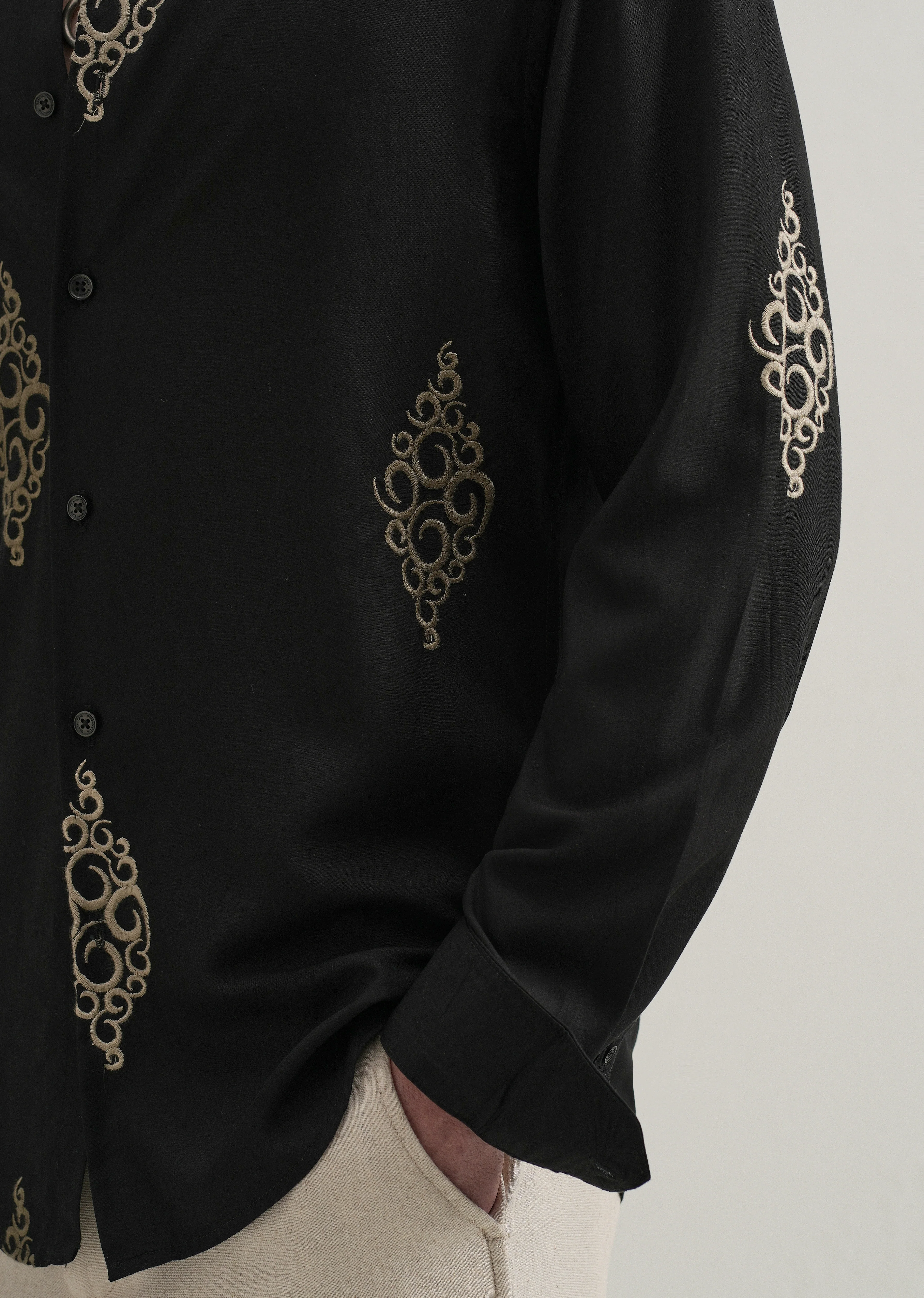 Black Circular Motif Embroidery Shirt - Image 2