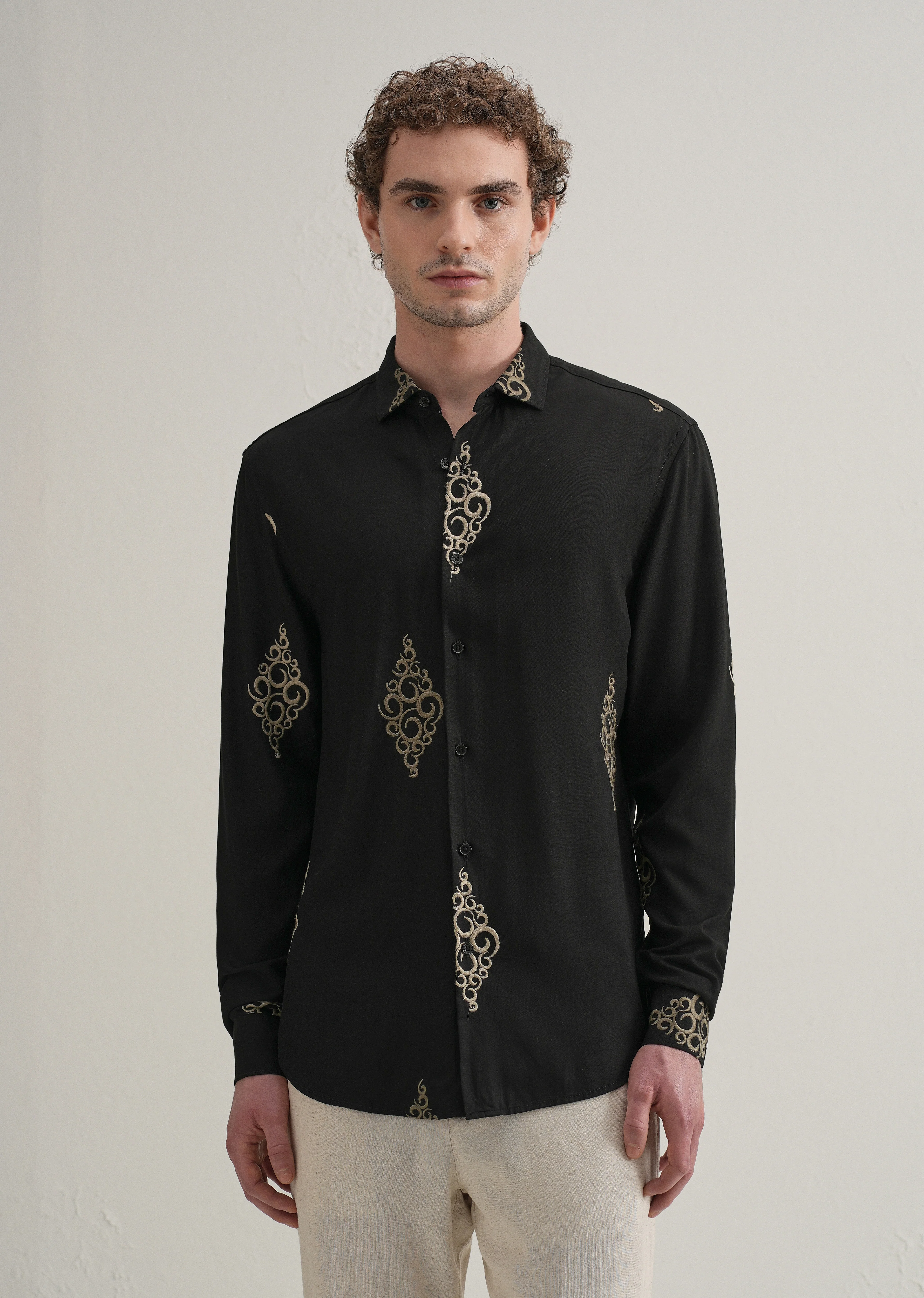 Black Circular Motif Embroidery Shirt - Image 4