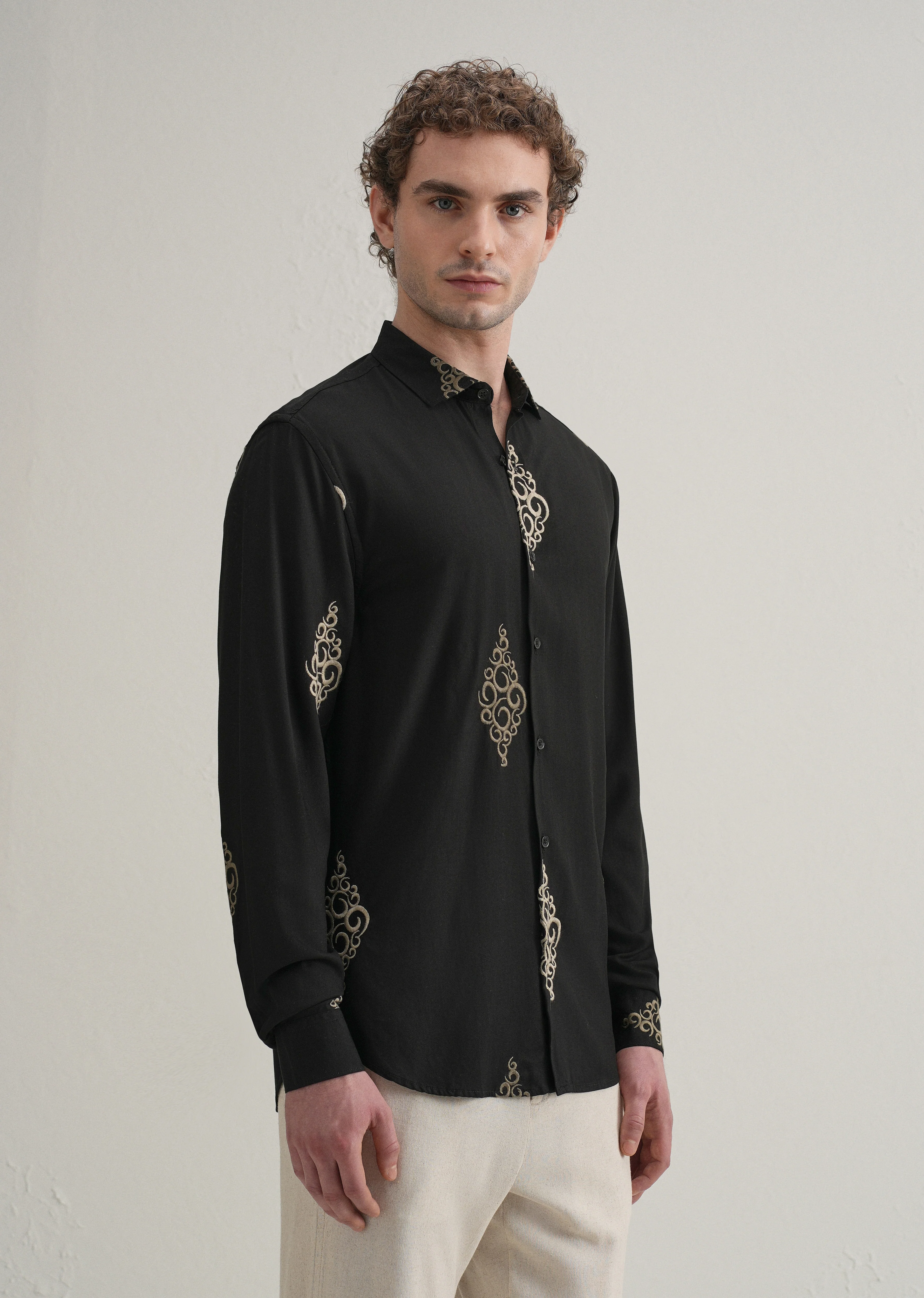 Black Circular Motif Embroidery Shirt - Image 5