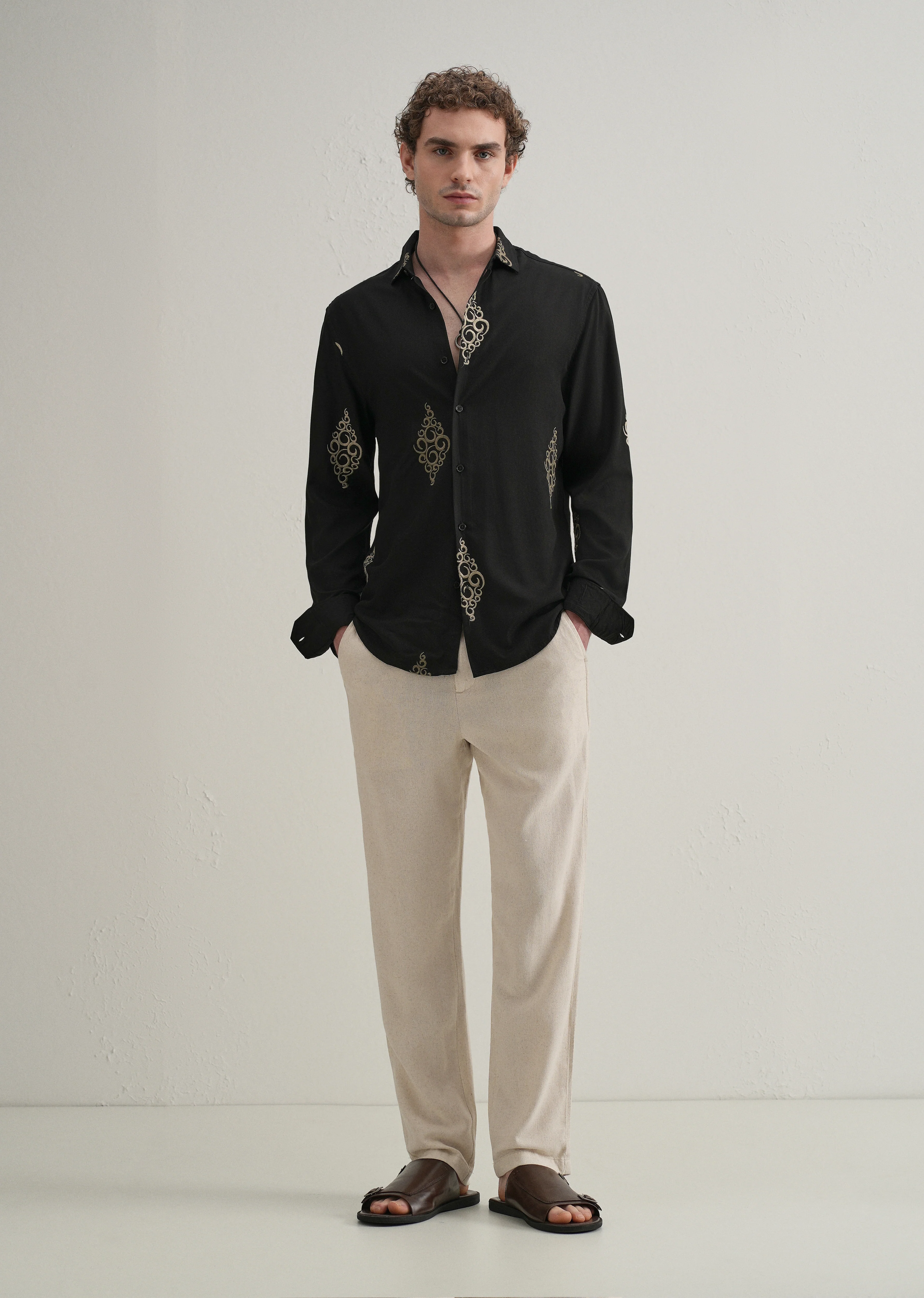 Black Circular Motif Embroidery Shirt - Image 6