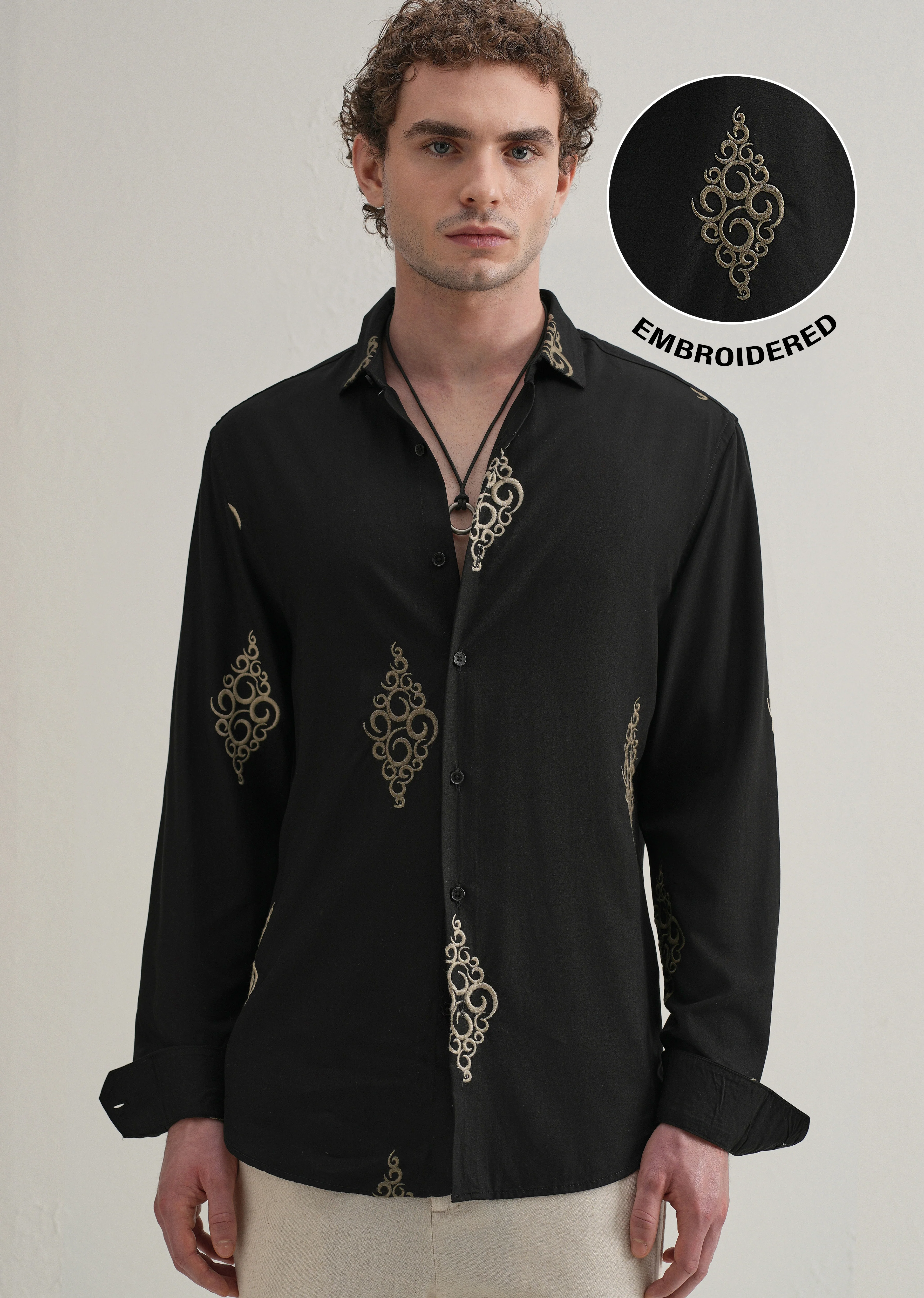 Black Circular Motif Embroidery Shirt - Image 7