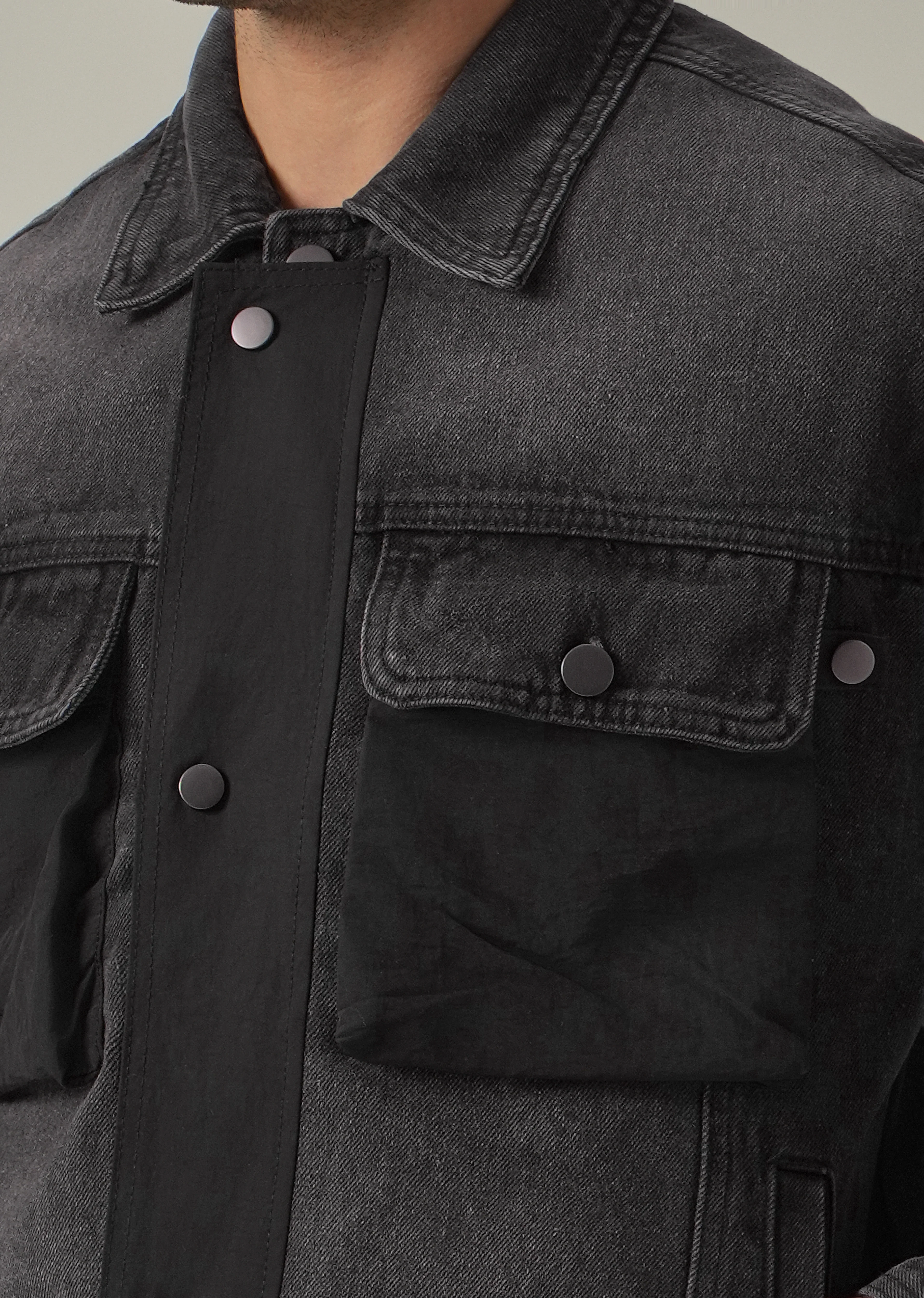 Black Contrast Pocket Denim Jacket - Image 5