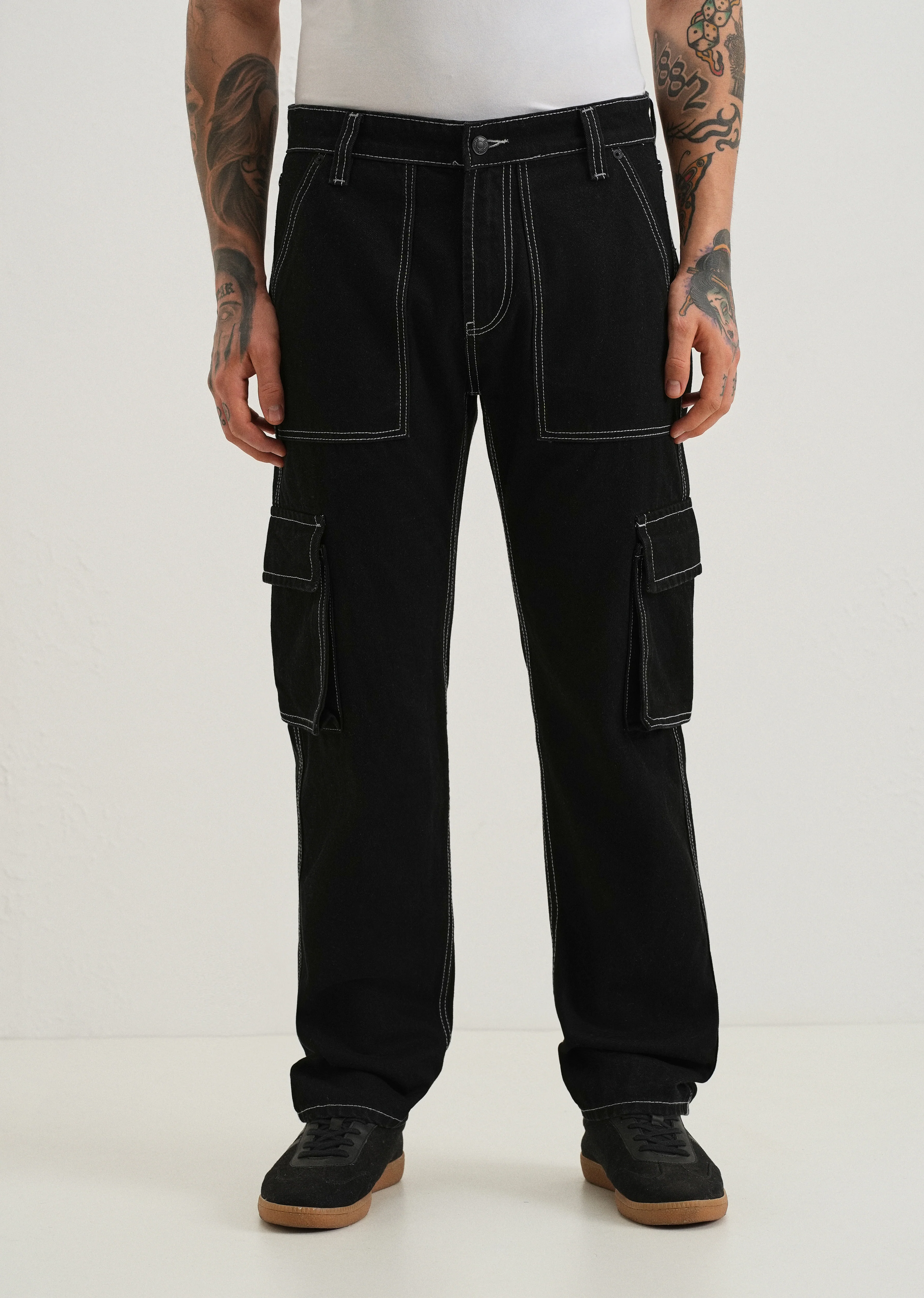 Black Contrast Stitched Denim Cargo - Image 3