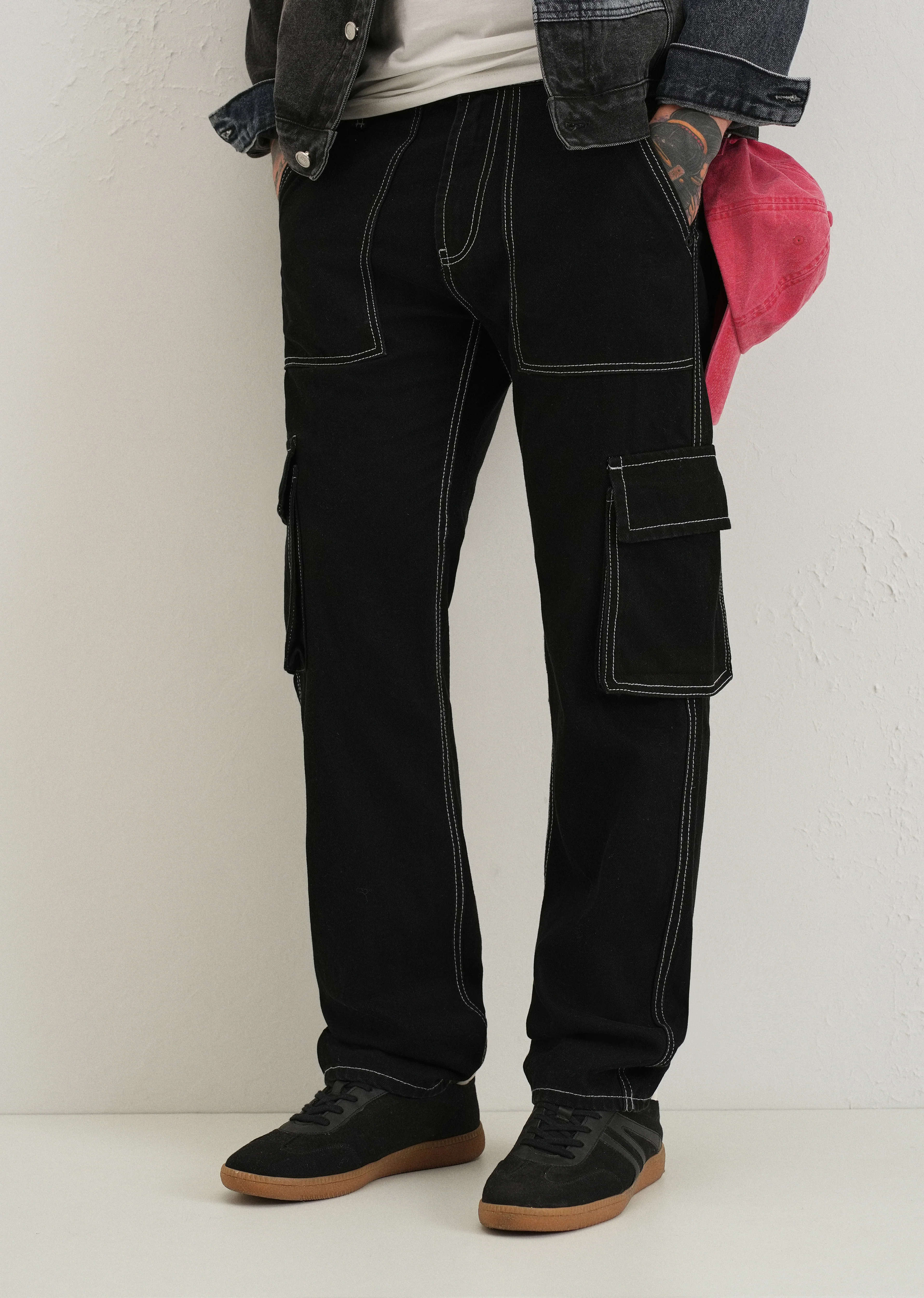 Black Contrast Stitched Denim Cargo - Image 7