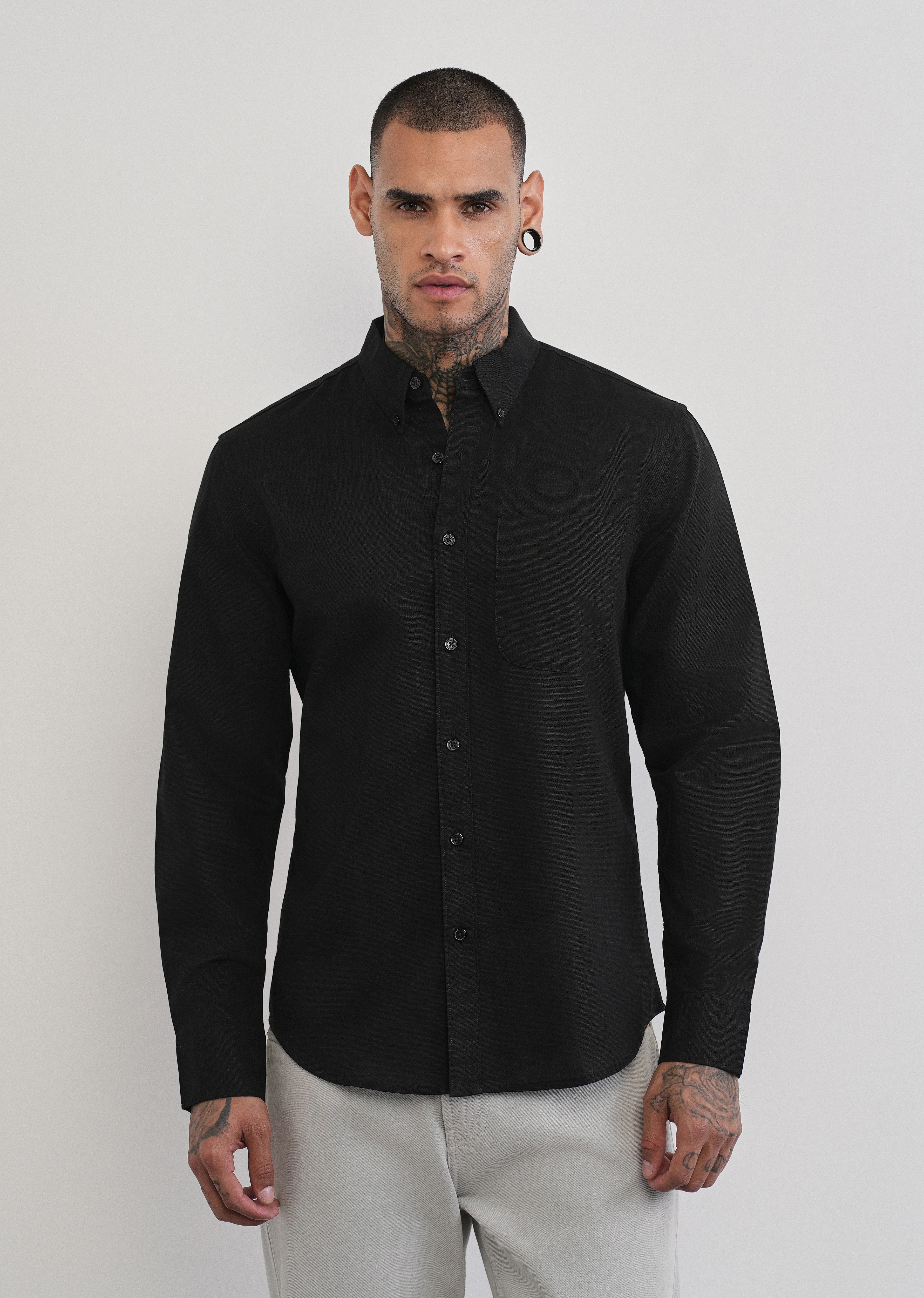 Black Cotton Linen Plain Shirt - Image 3