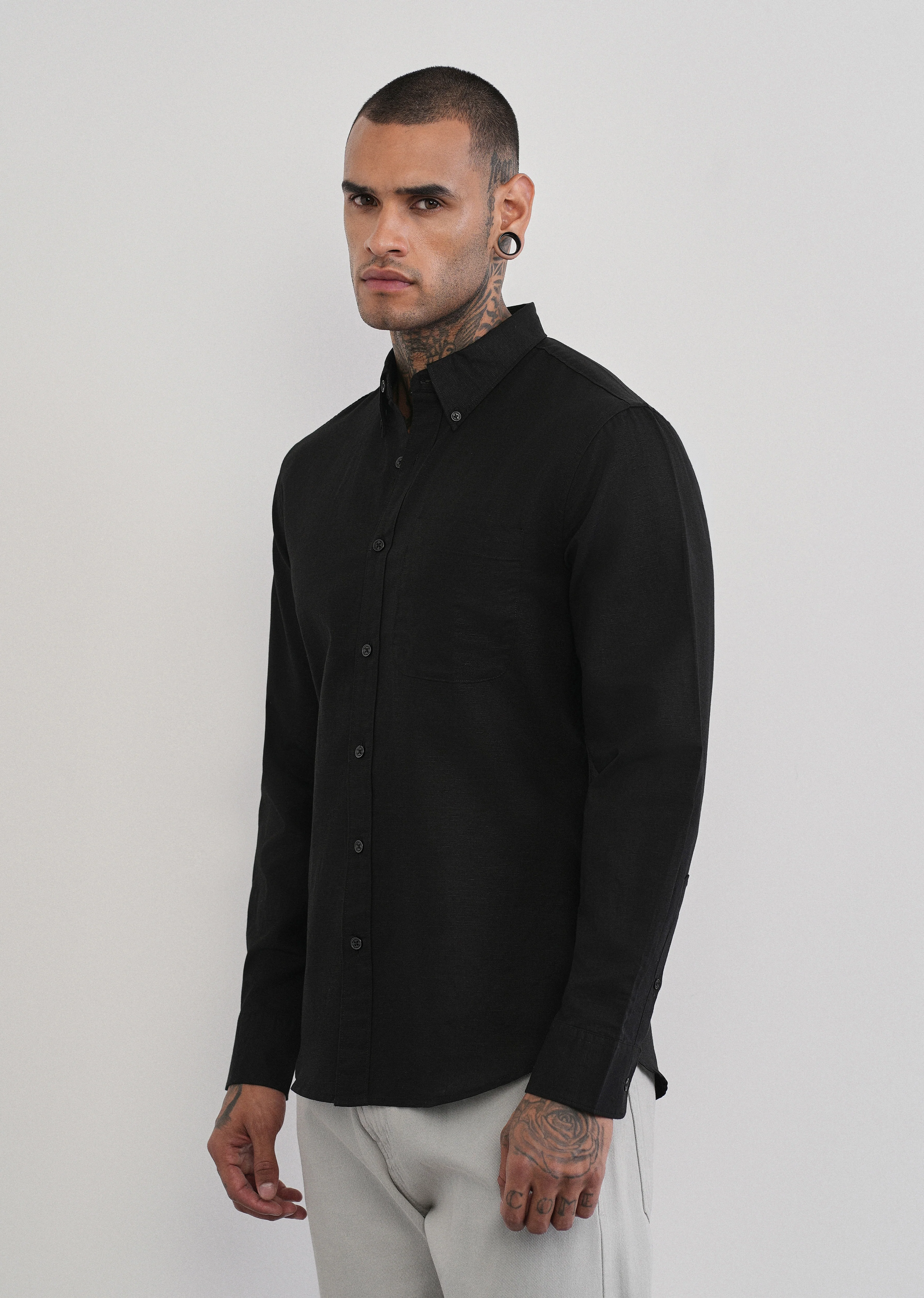 Black Cotton Linen Plain Shirt - Image 4