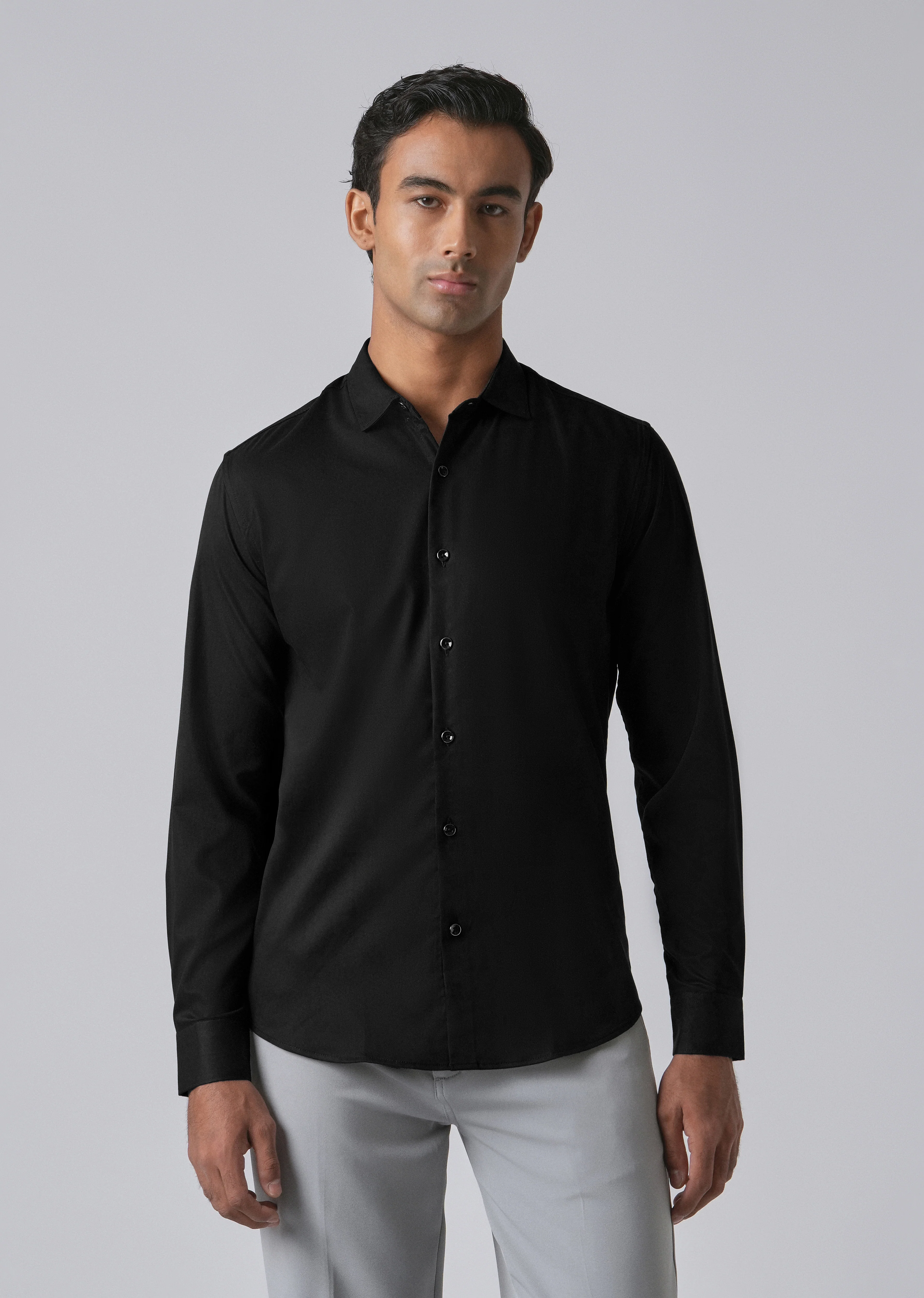 Black Cotton Stretch Plain Shirt - Image 3