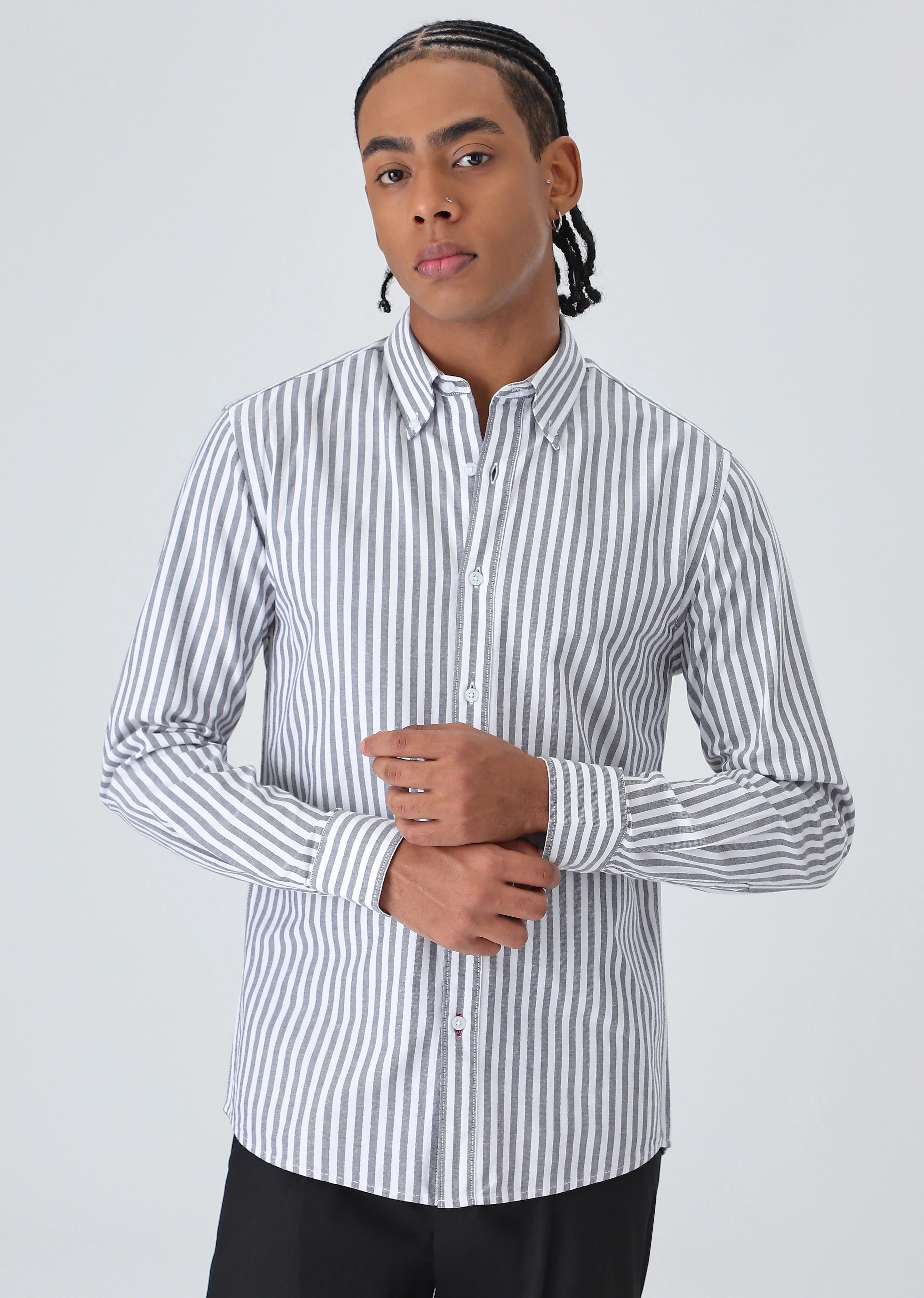 Black Cotton Oxford Stripe Shirt - Image 3
