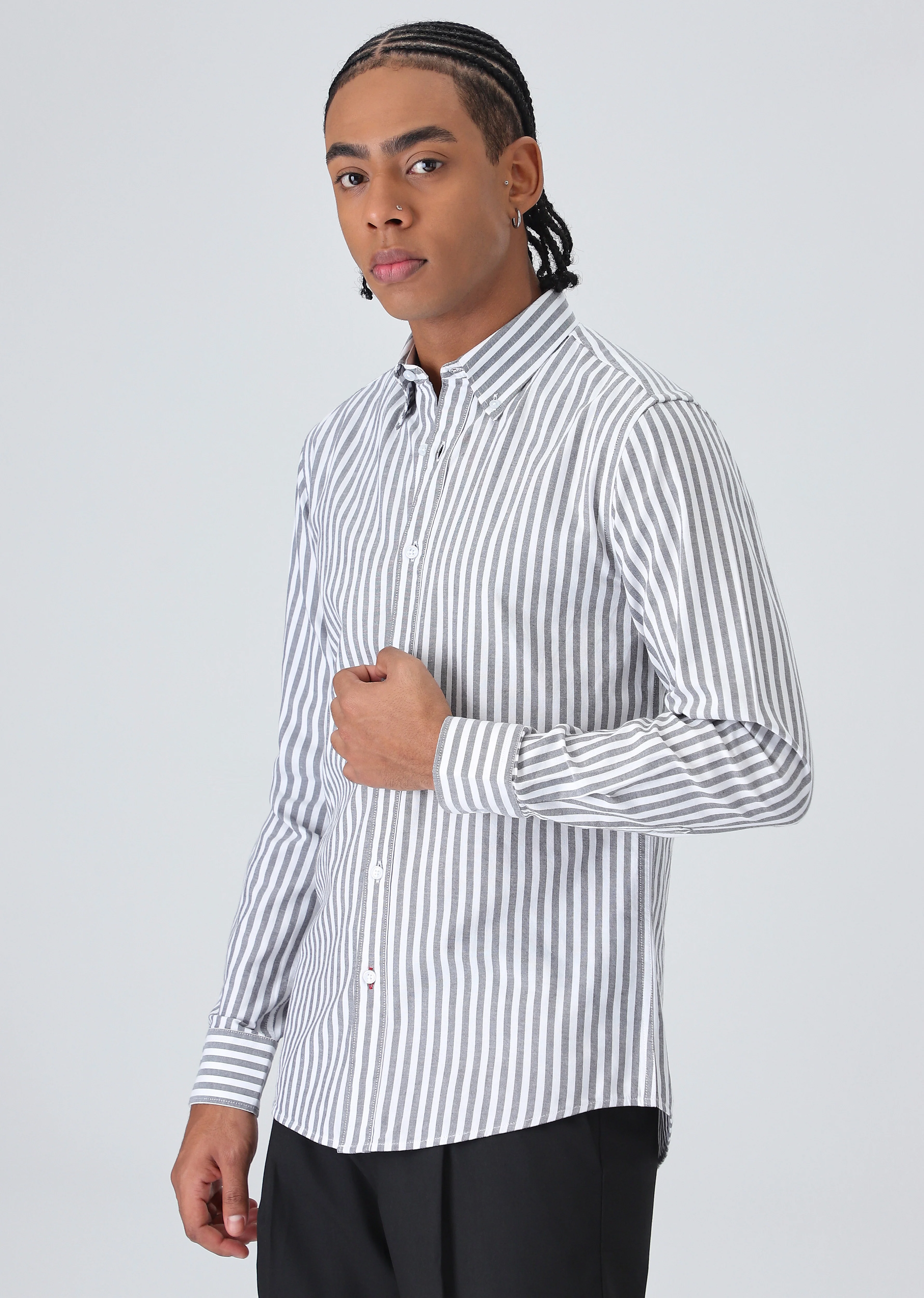Black Cotton Oxford Stripe Shirt - Image 5