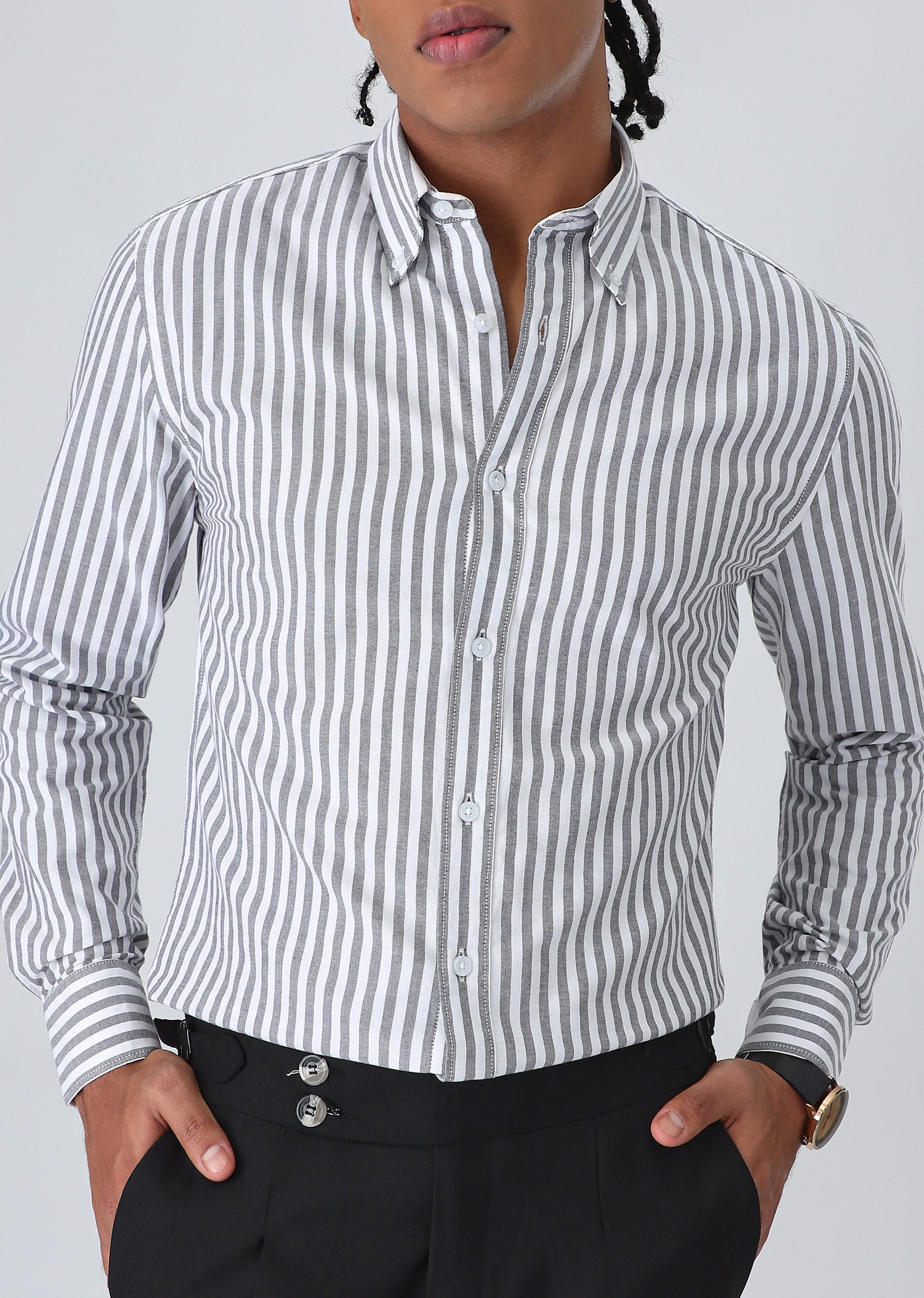 Black Cotton Oxford Stripe Shirt - Image 7