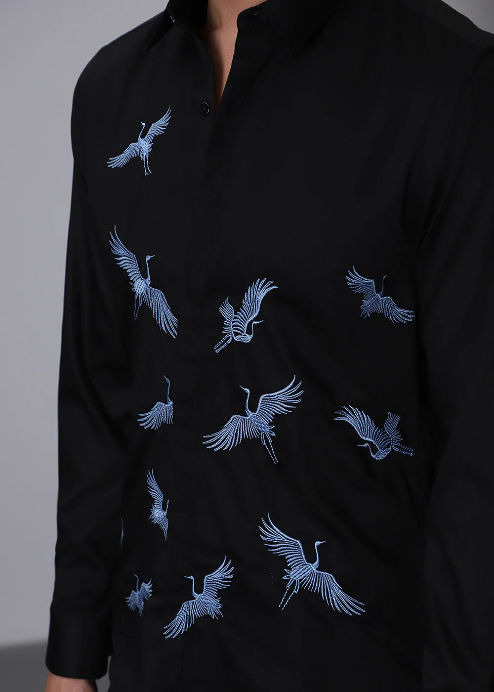 Black Crane Embroidery Designer Shirt - Image 2