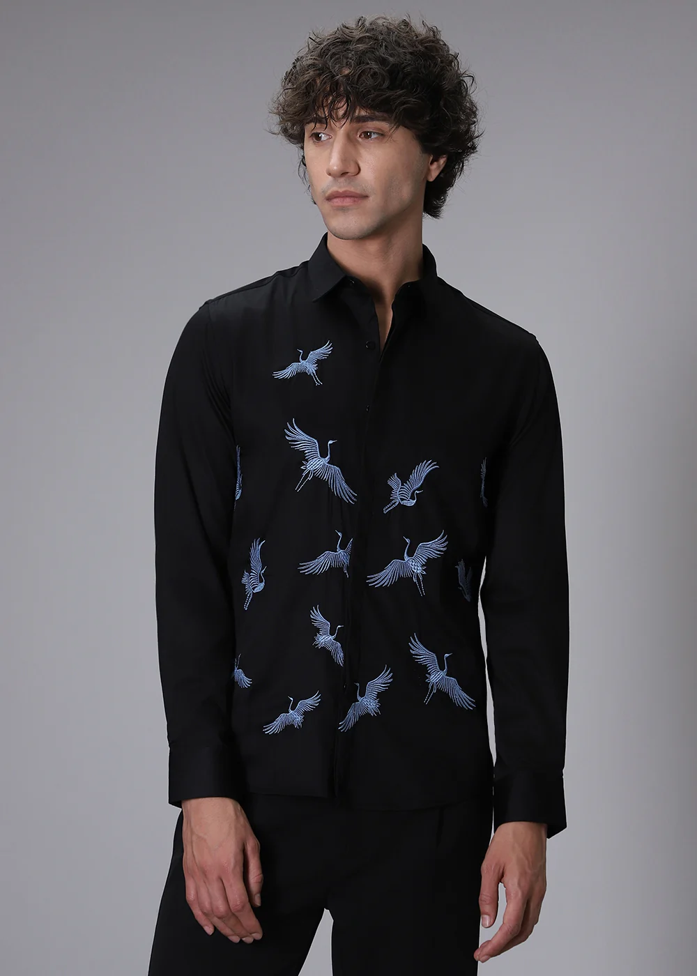 Black Crane Embroidery Designer Shirt - Image 5