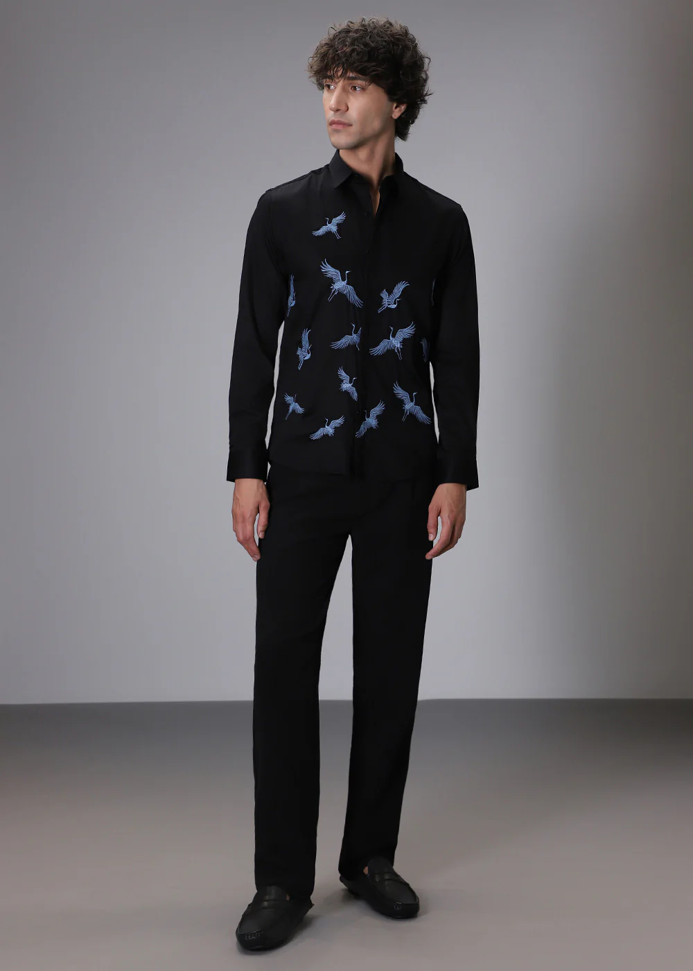 Black Crane Embroidery Designer Shirt - Image 6