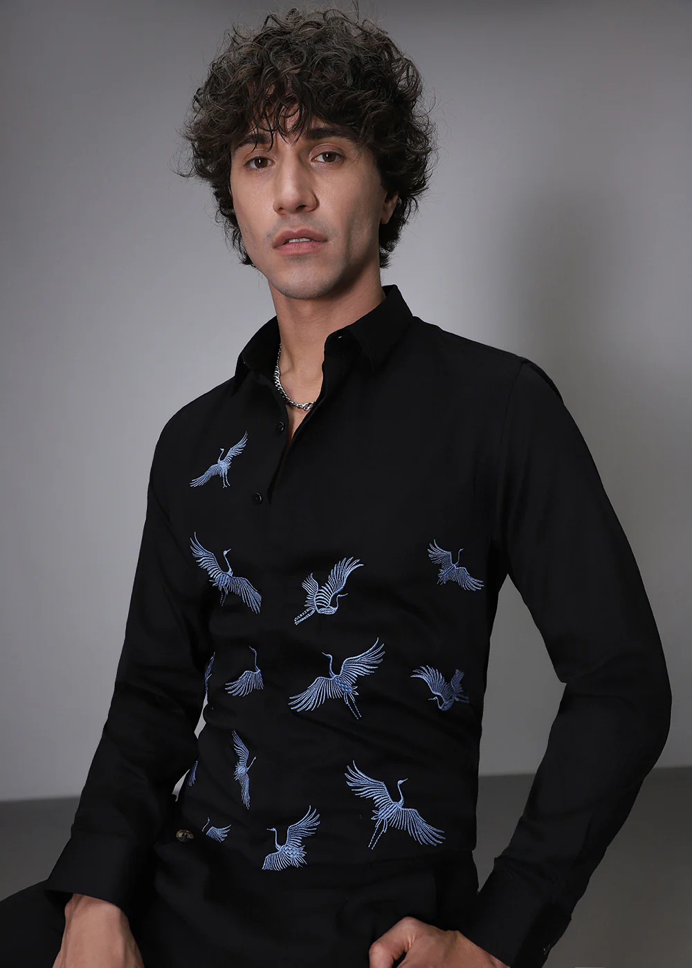 Black Crane Embroidery Designer Shirt - Image 7