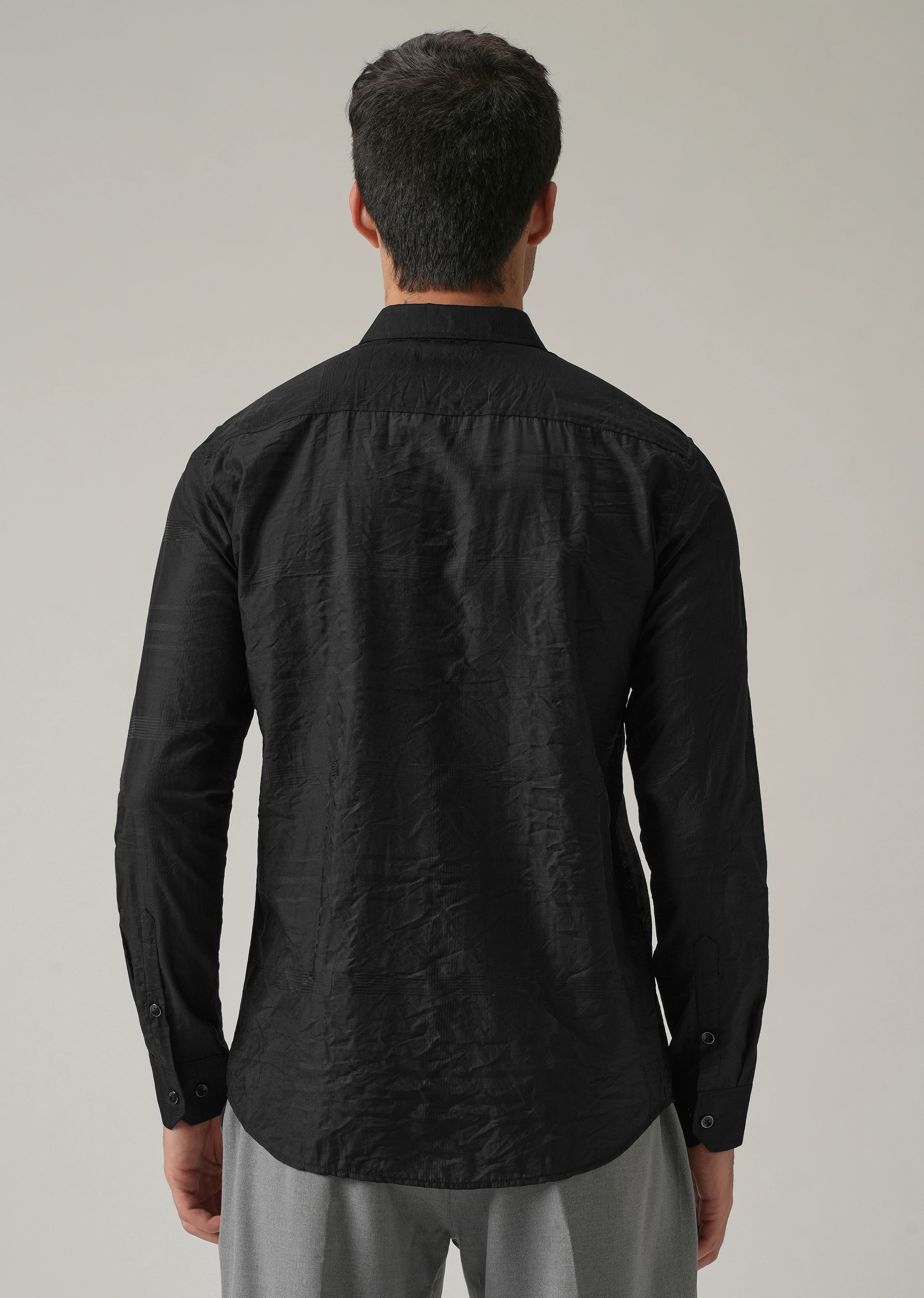 Black Crinkled Self Stripe Shirt - Image 2