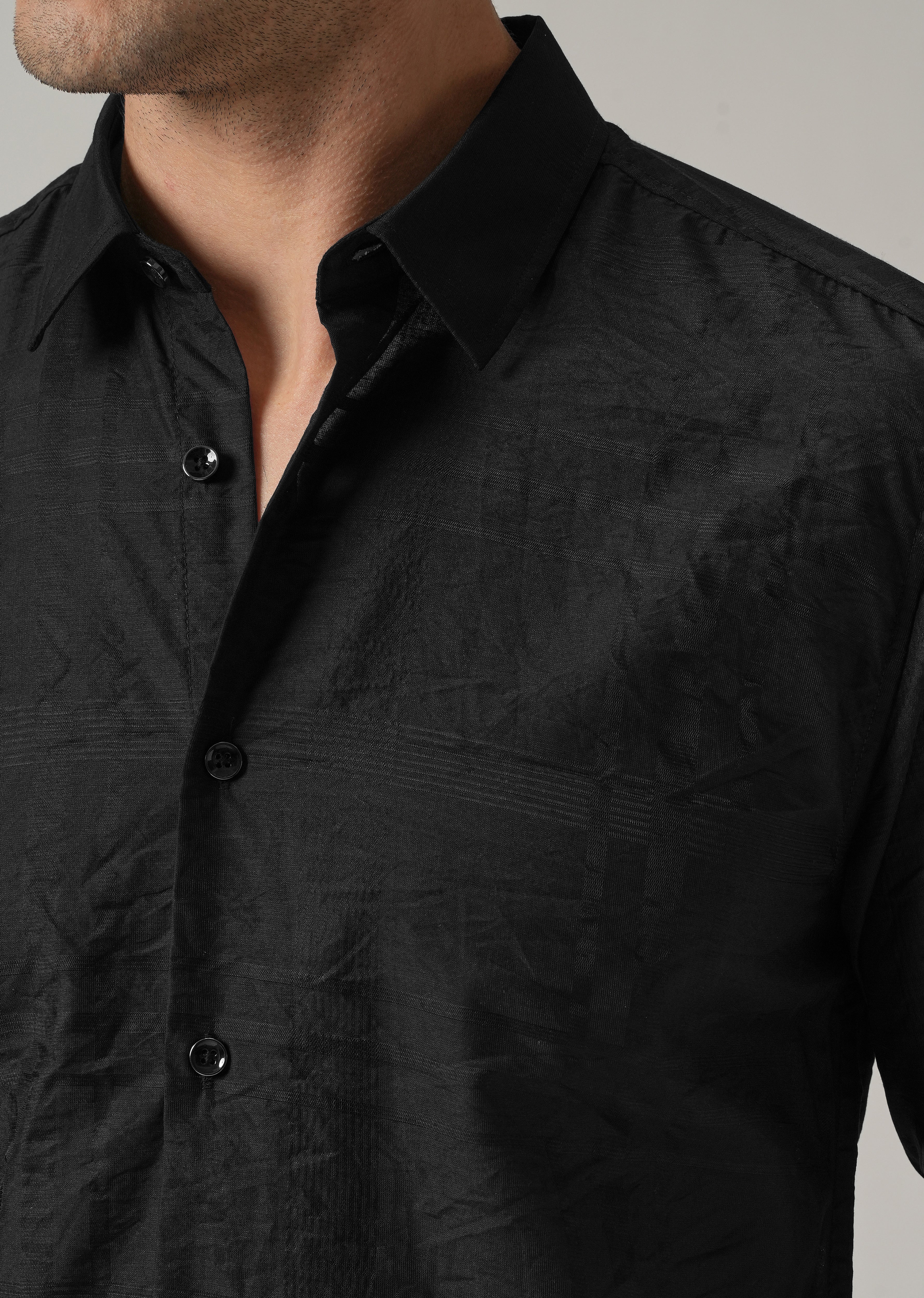 Black Crinkled Self Stripe Shirt - Image 5