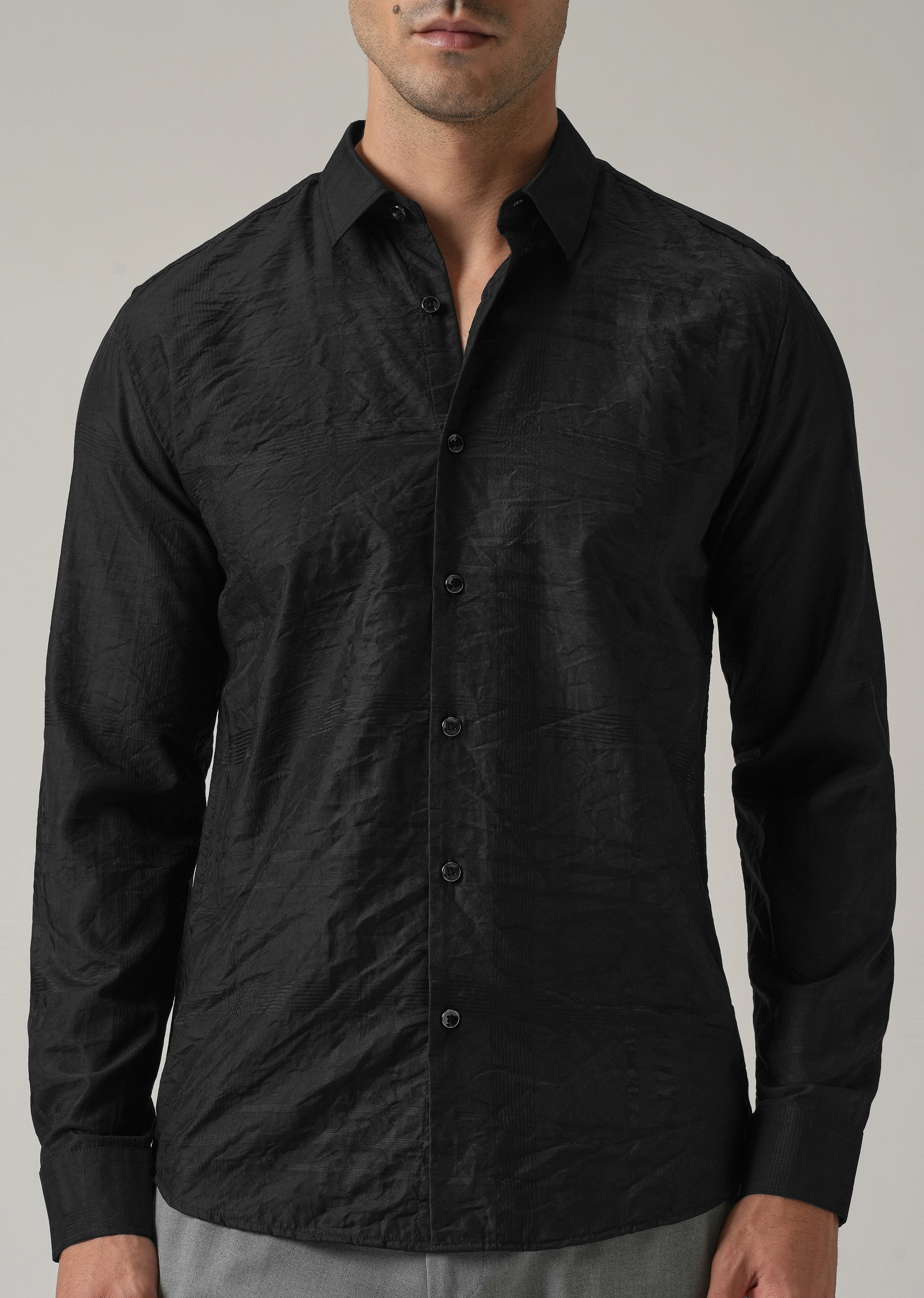 Black Crinkled Self Stripe Shirt - Image 7