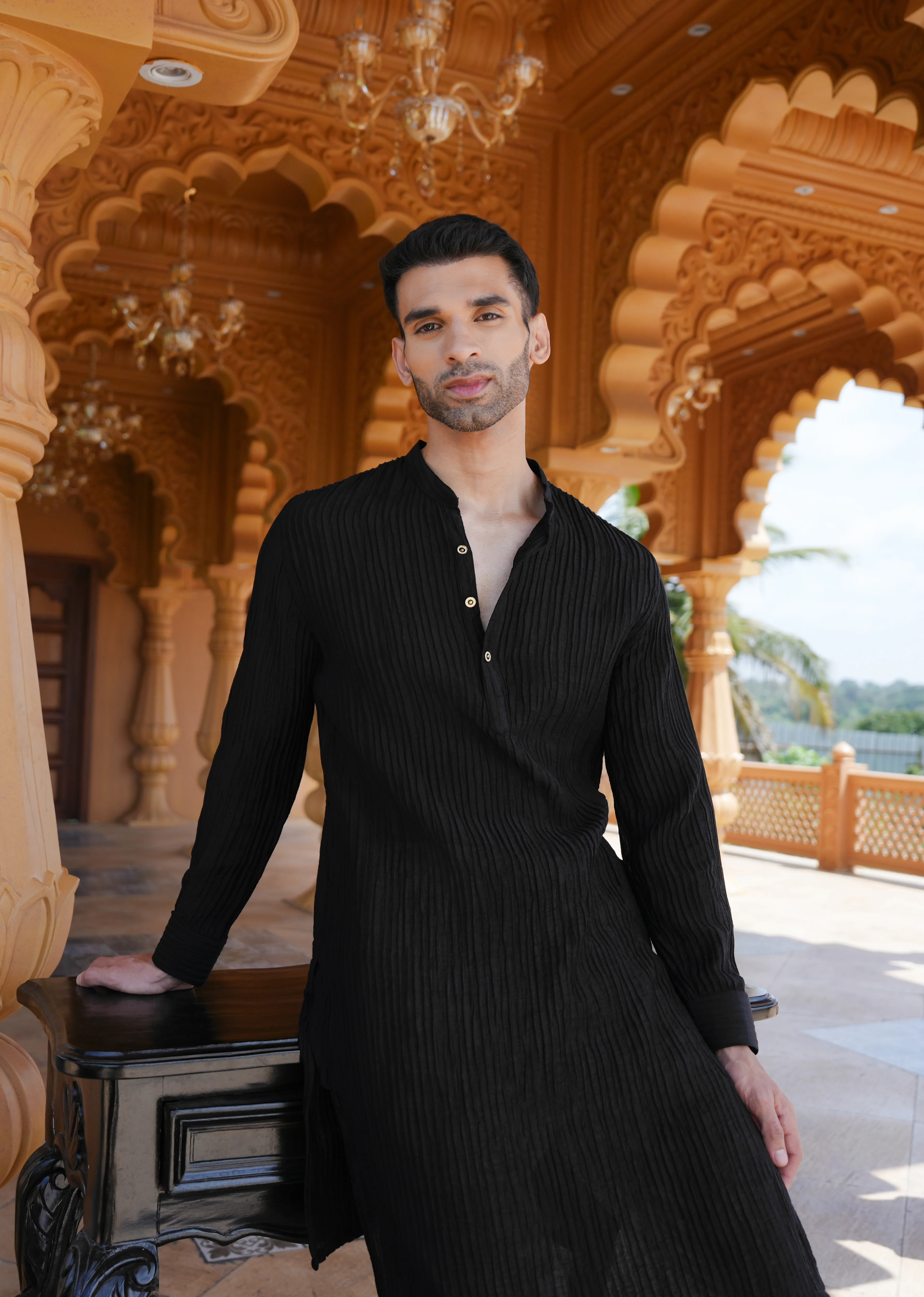Black Crinkled Stripe Kurta - Image 2