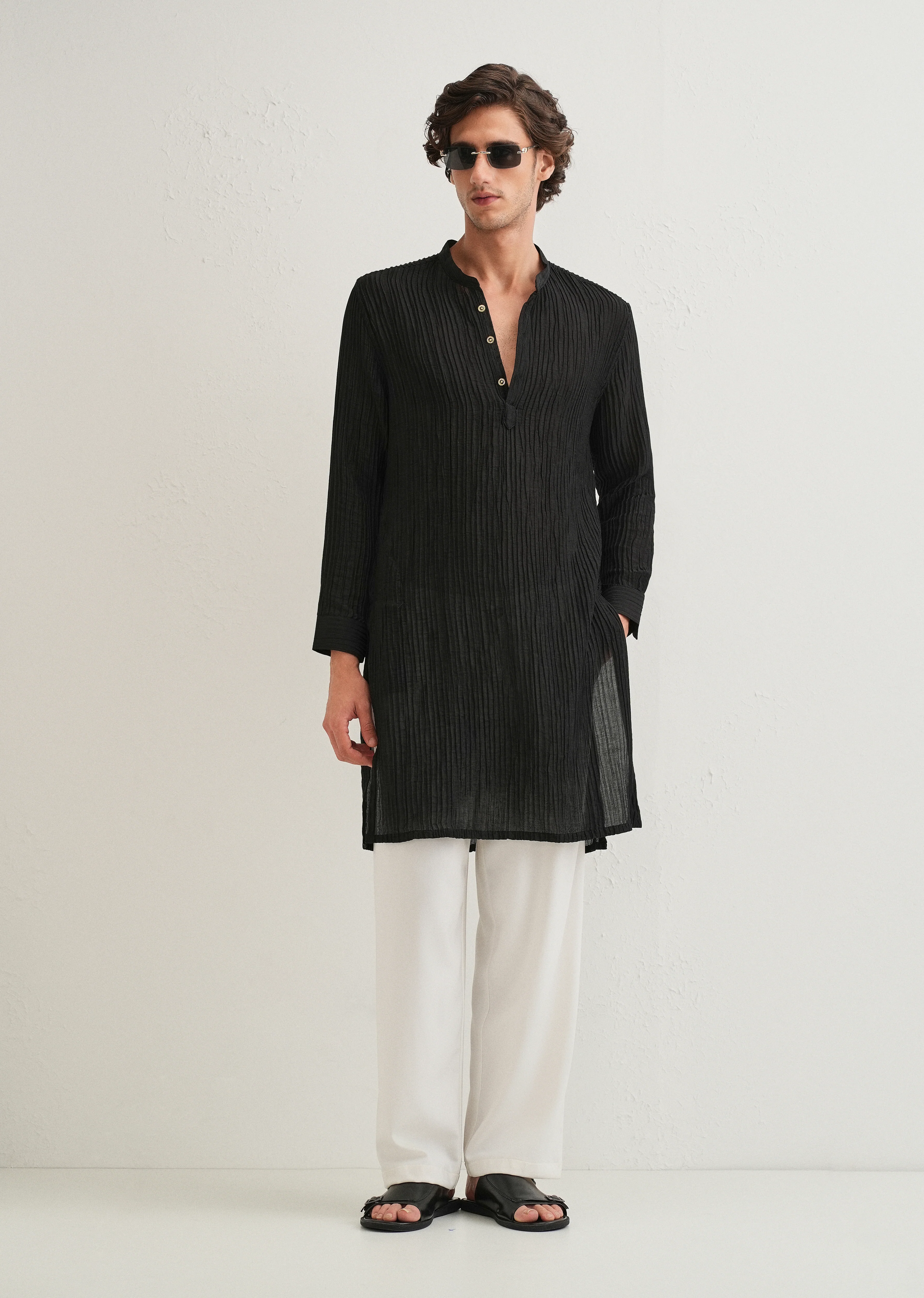 Black Crinkled Stripe Kurta - Image 6