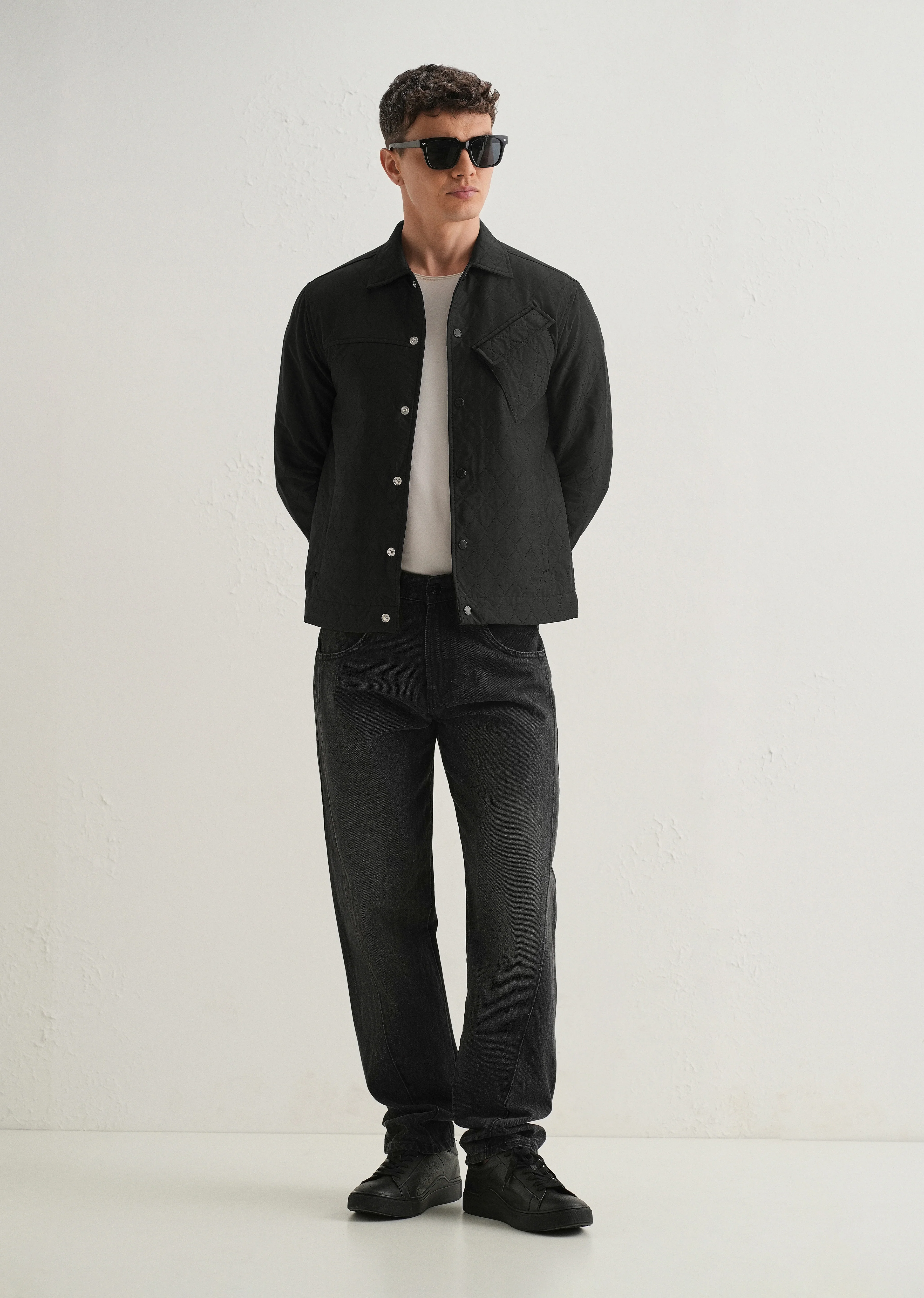 Black Cross Pocket Self Pattern Shacket - Image 7