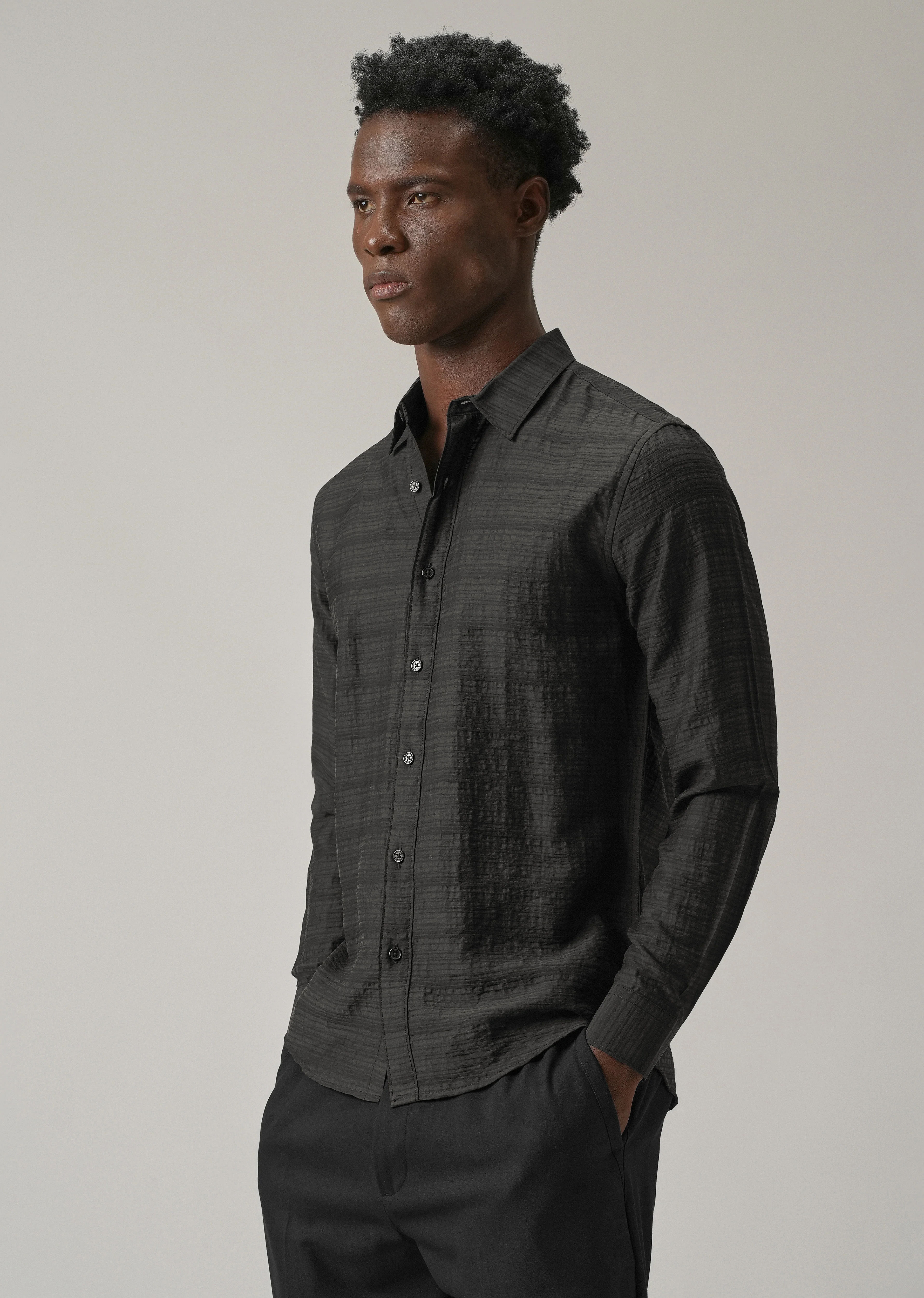 Black Crushed Self Stripe Shirt - Image 4