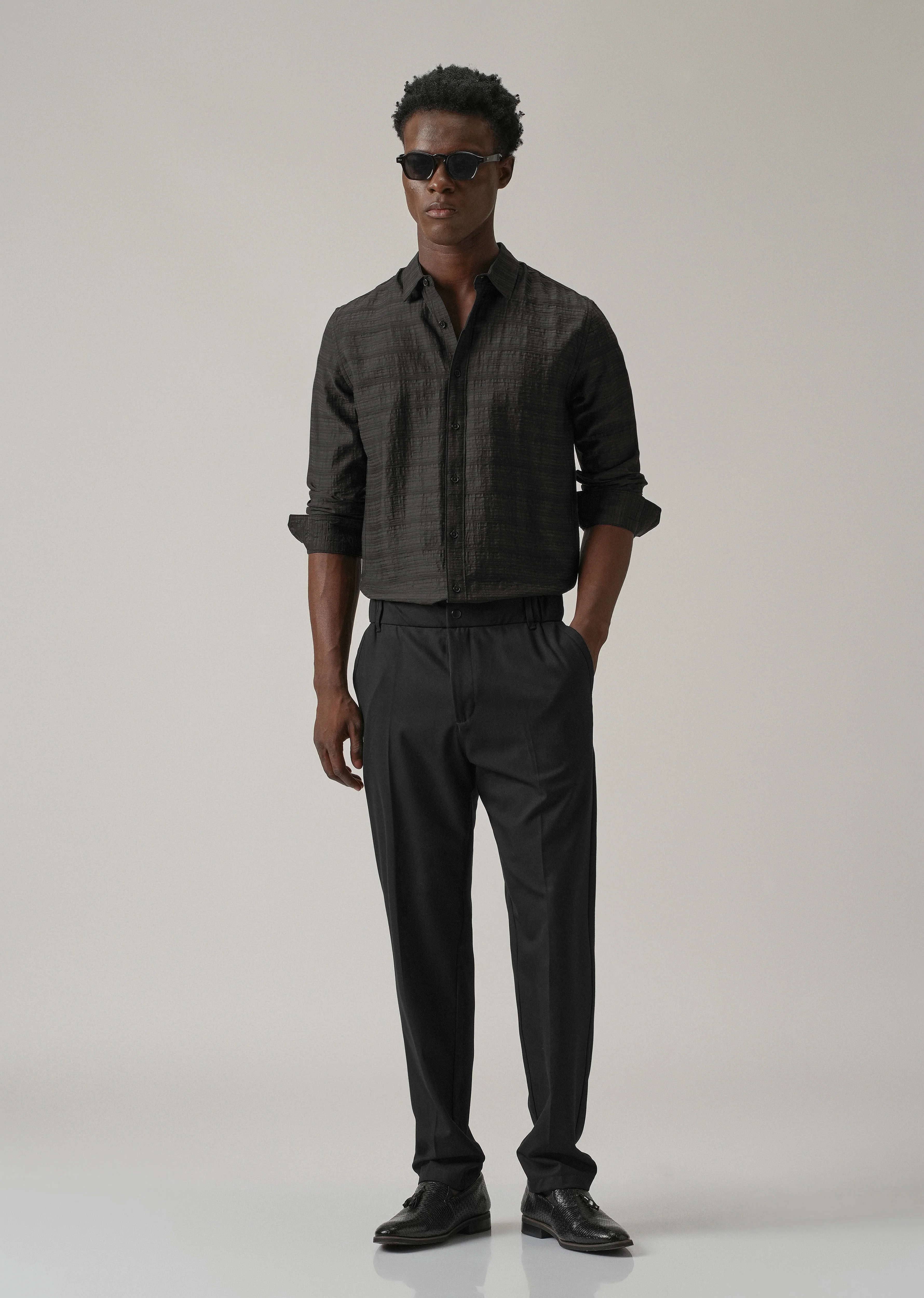 Black Crushed Self Stripe Shirt - Image 6