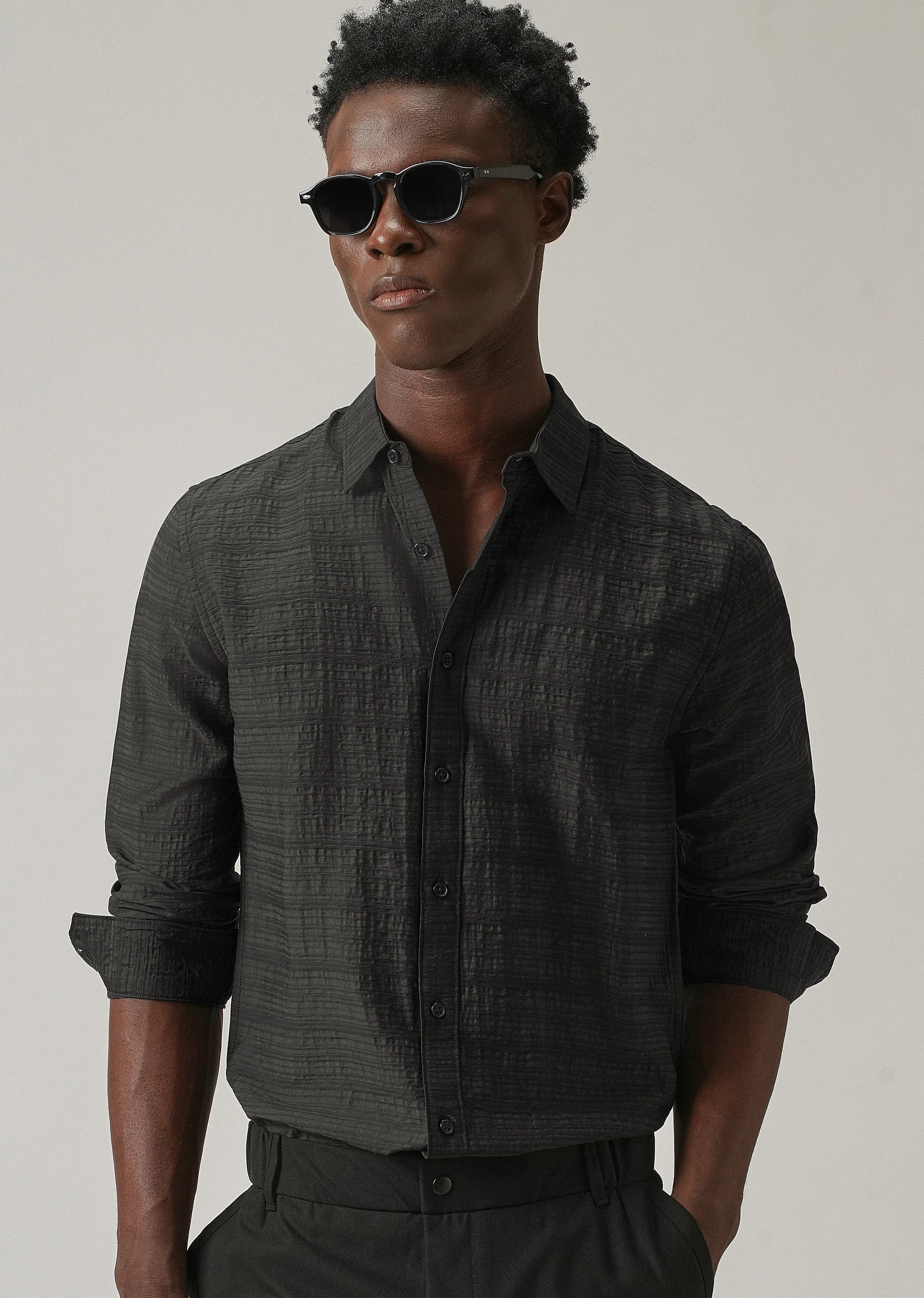 Black Crushed Self Stripe Shirt - Image 7