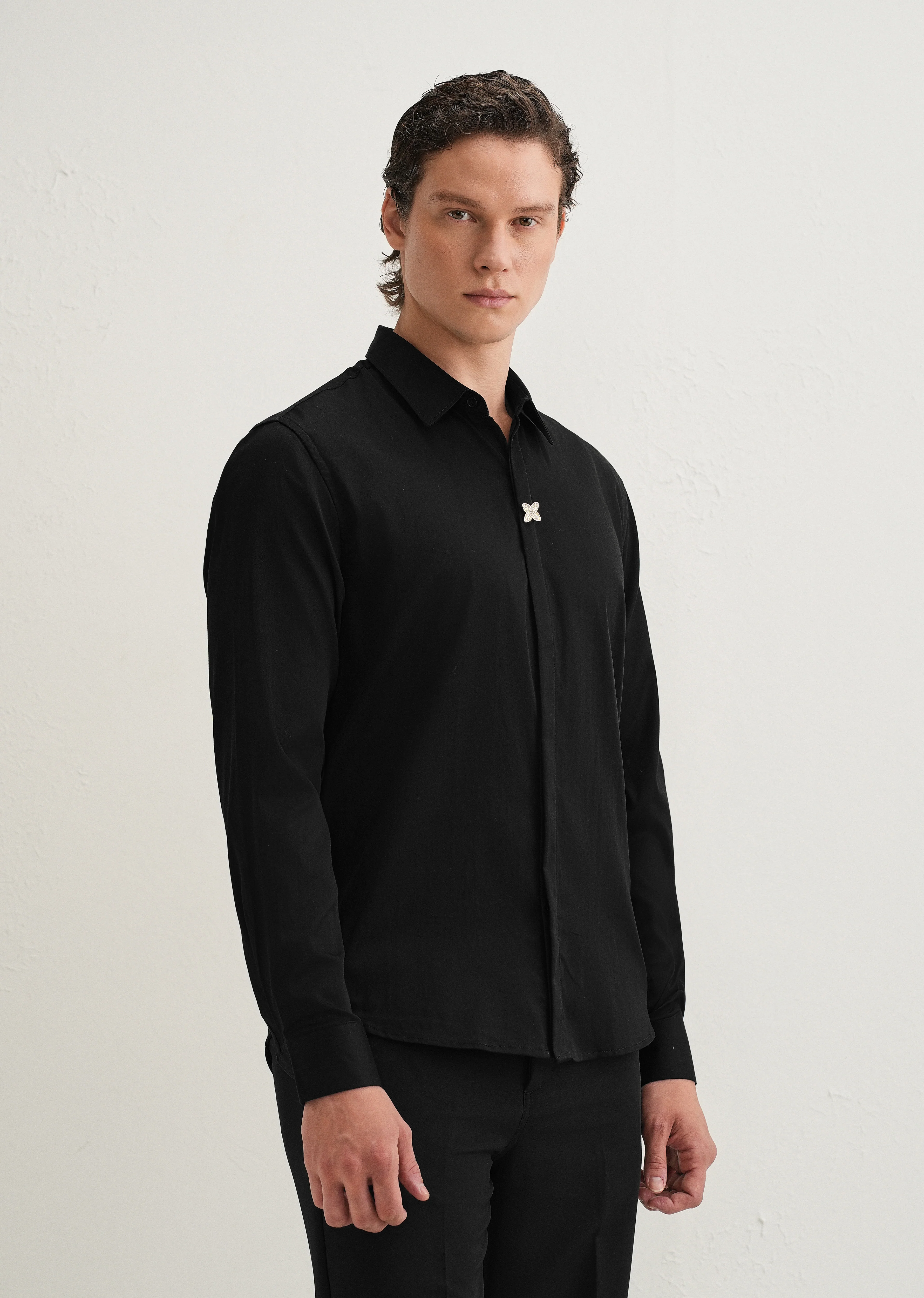 Black Crystal Flower Designer Shirt - Image 5