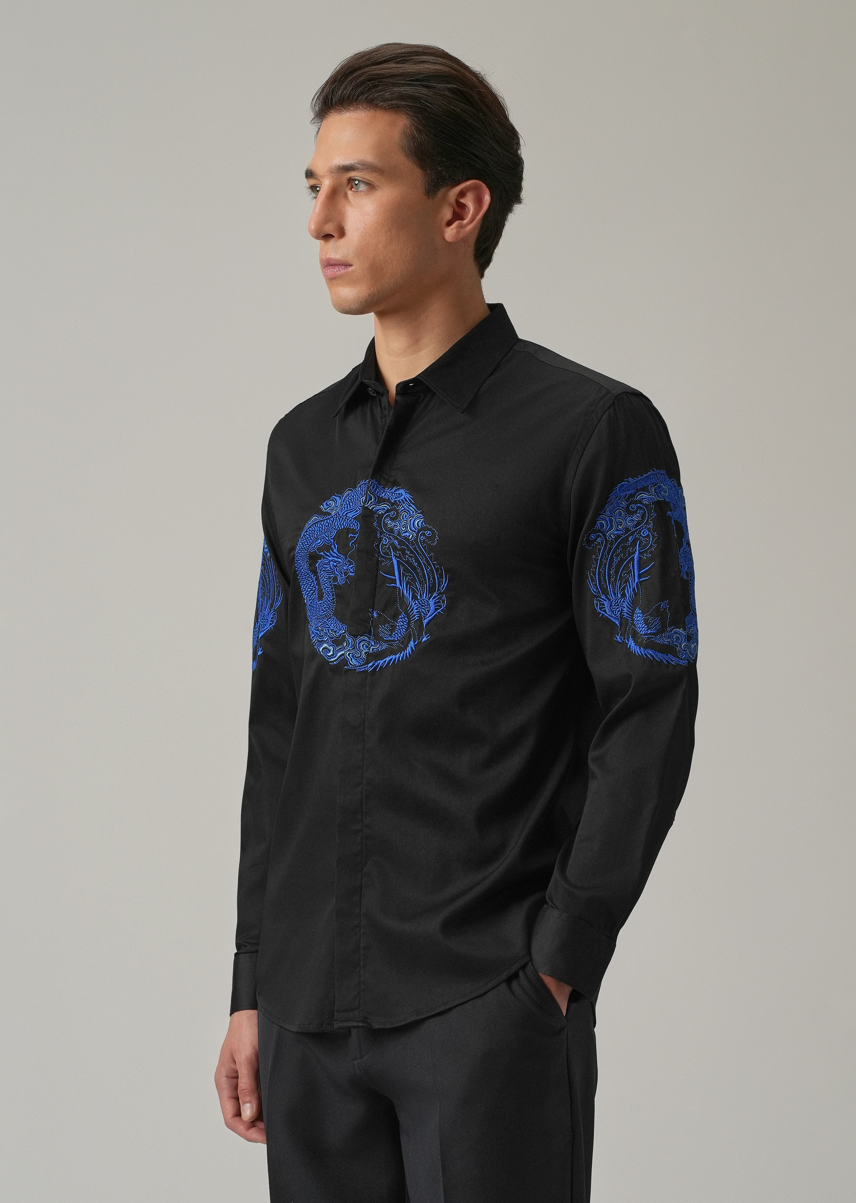 Black Dragon and Phoenix Embroidery Designer Shirt - Image 4