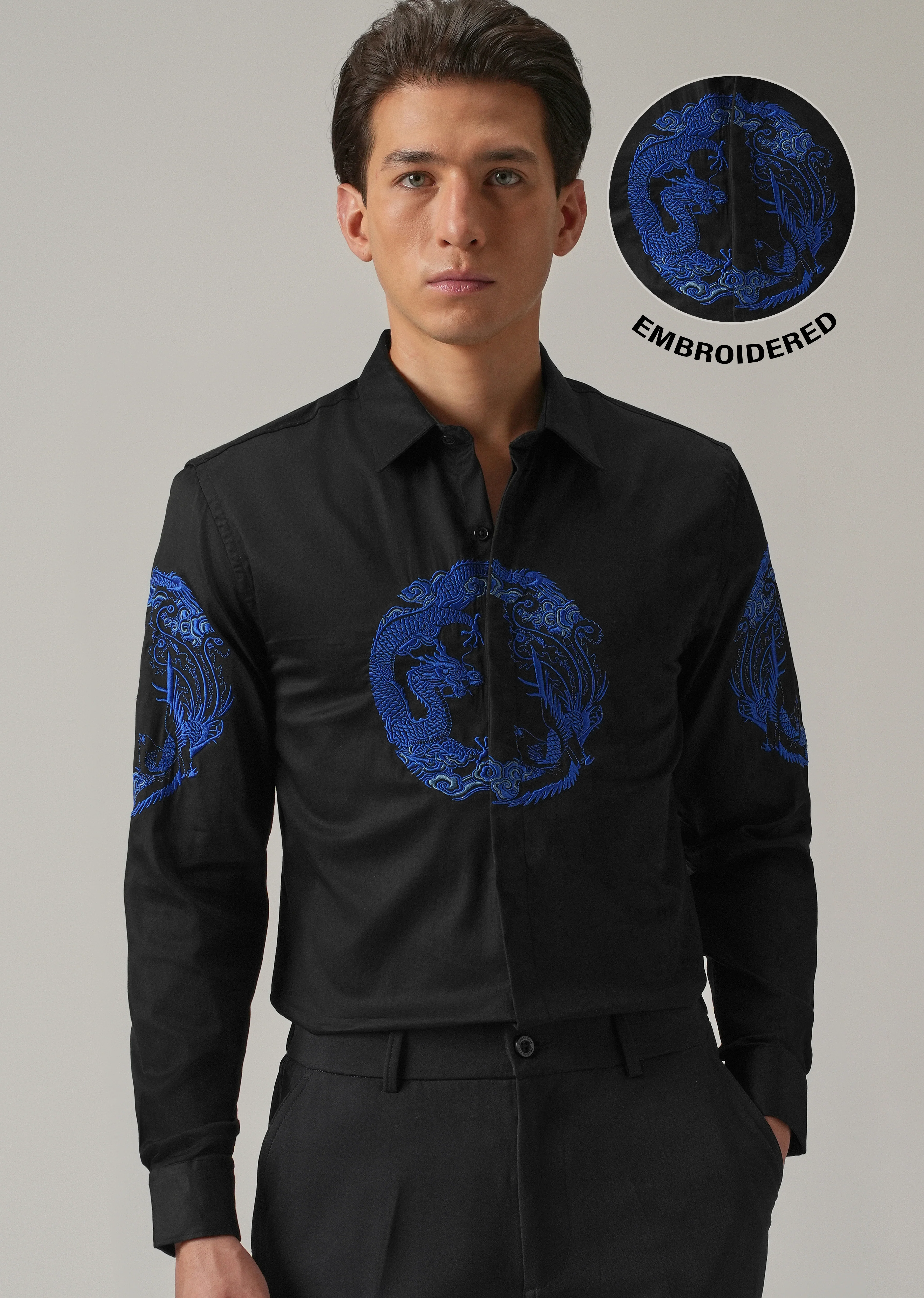 Black Dragon and Phoenix Embroidery Designer Shirt - Image 7