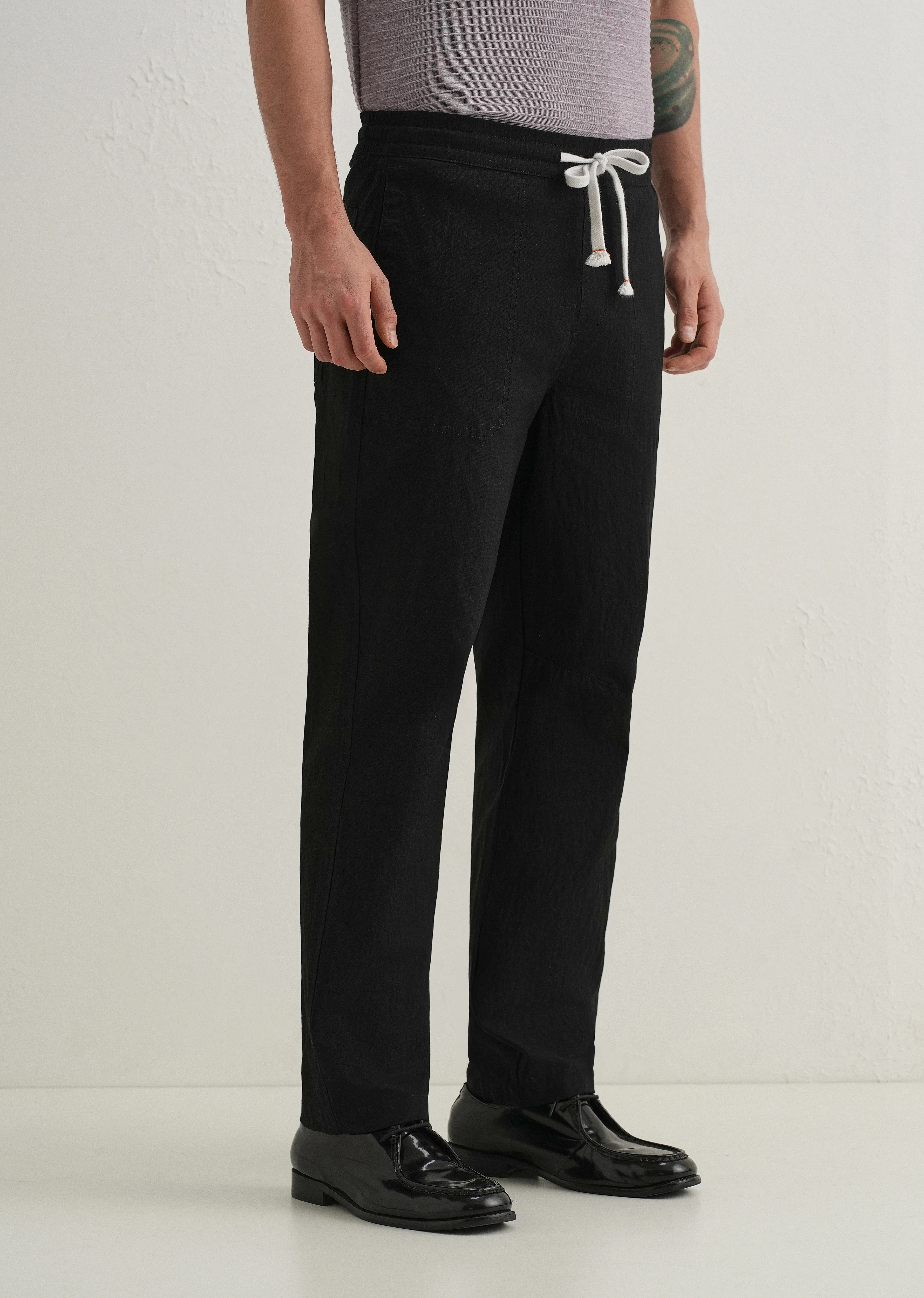 Black Drawstring Cotton Linen Pant - Image 4