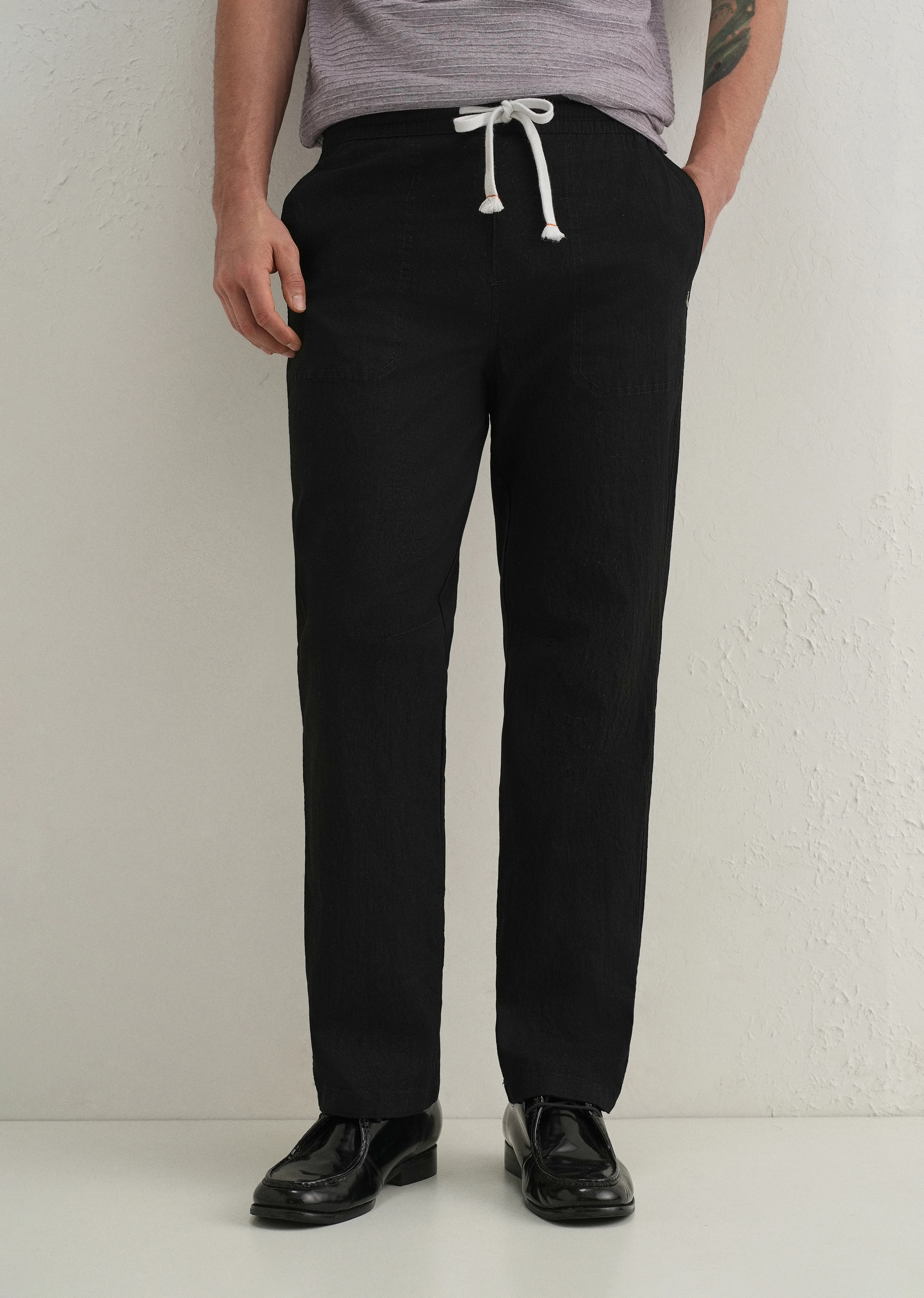 Black Drawstring Cotton Linen Pant - Image 7