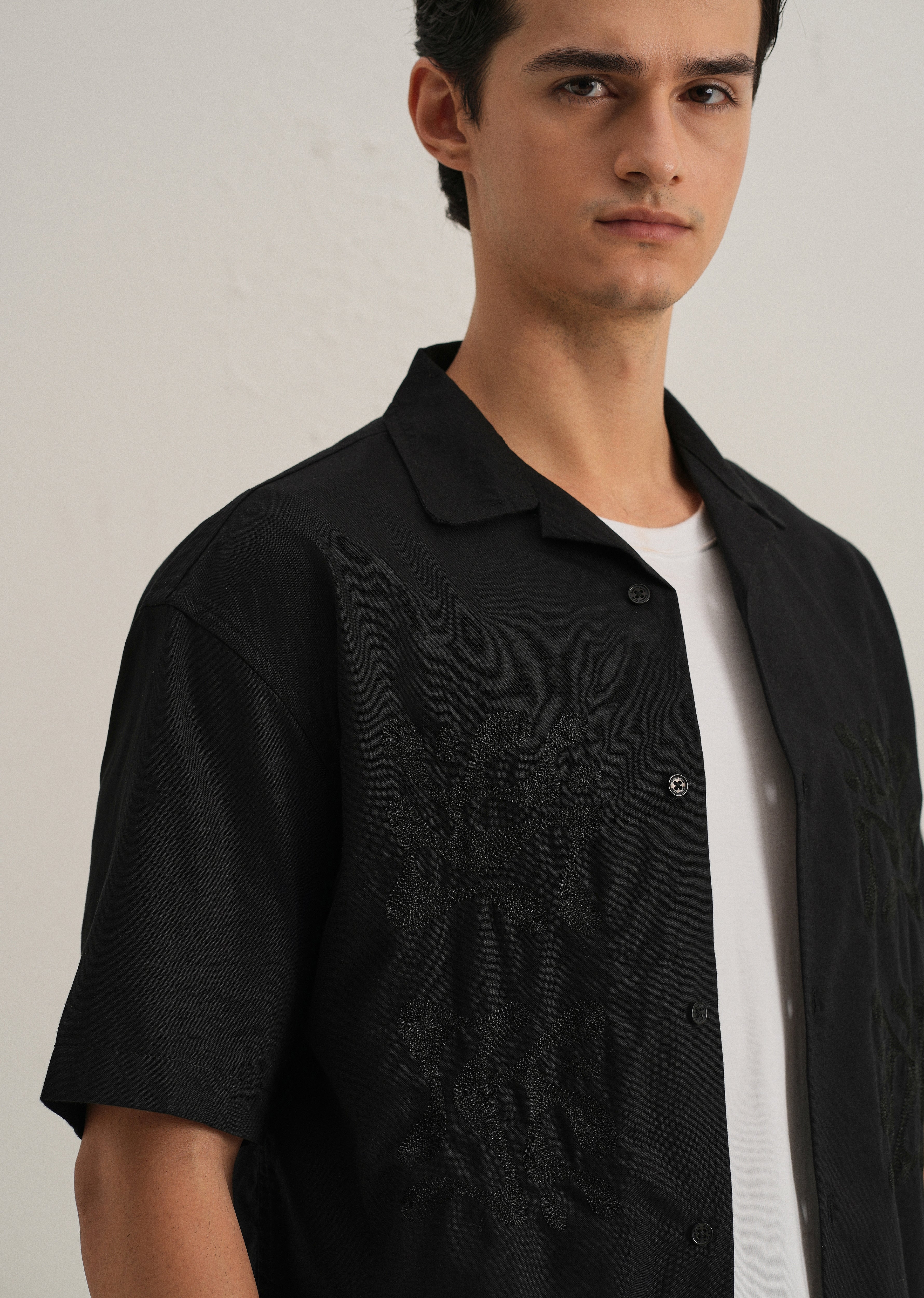 Black Embroidery Cuban Collar Cotton Shirt - Image 2