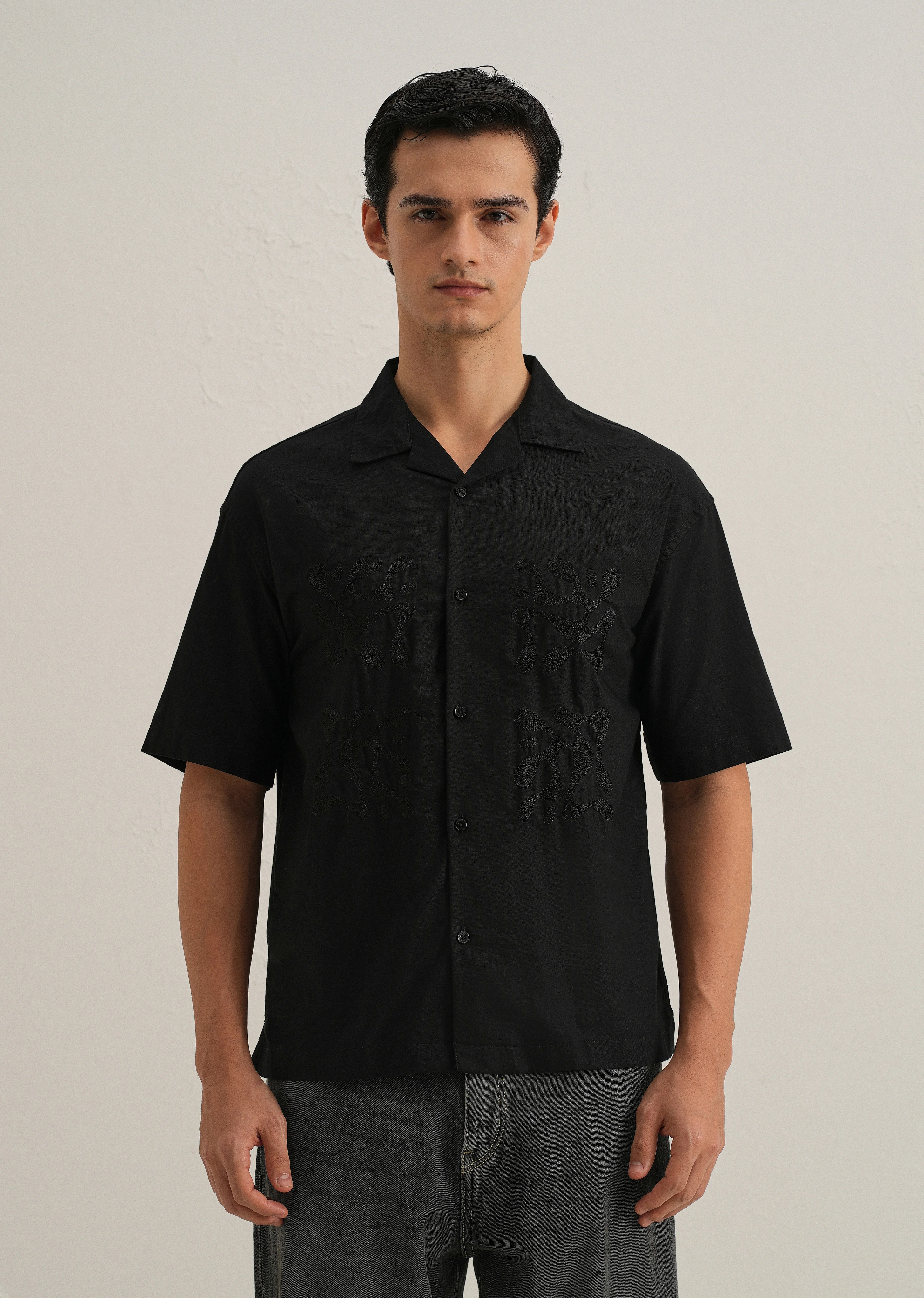 Black Embroidery Cuban Collar Cotton Shirt - Image 4