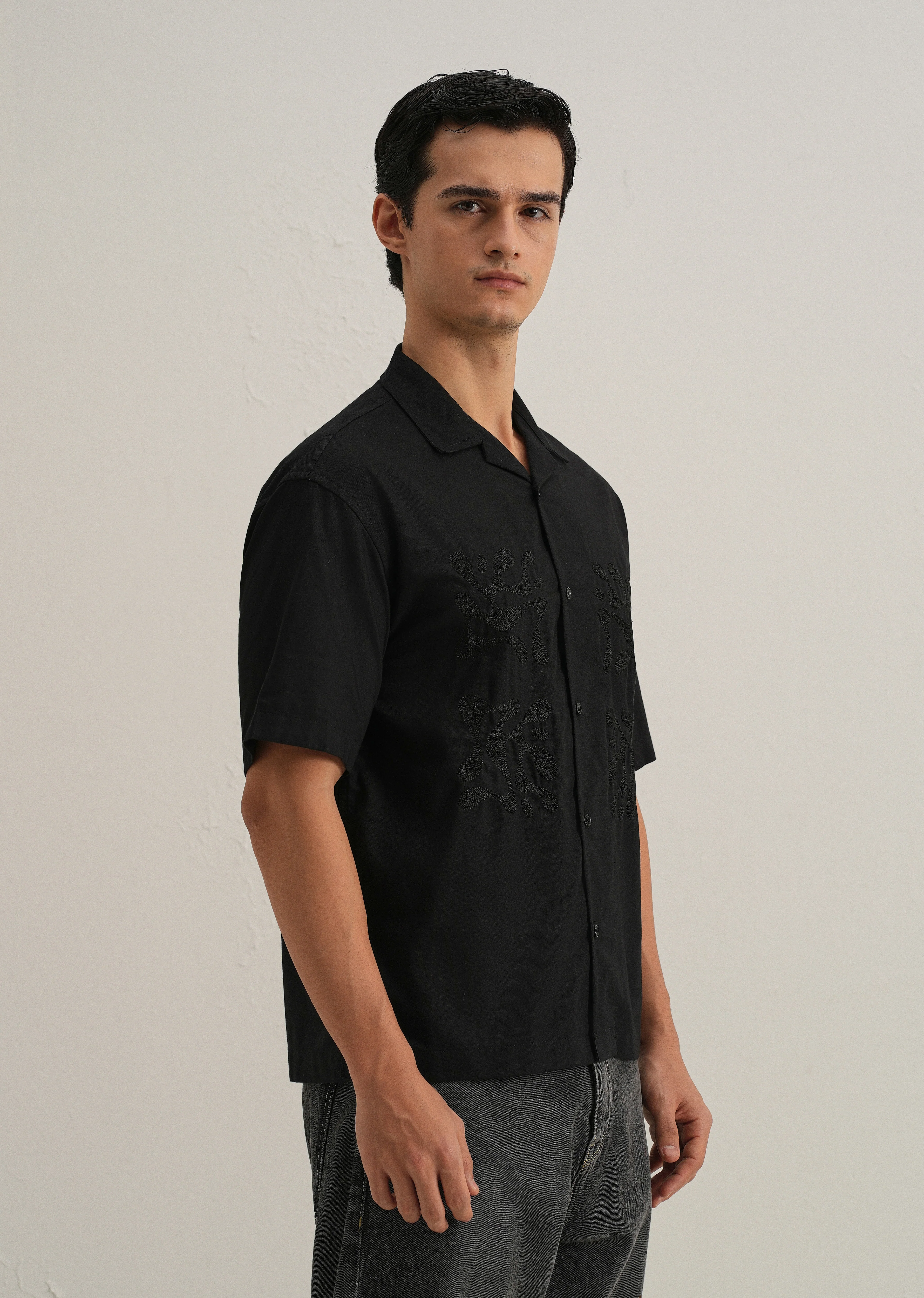 Black Embroidery Cuban Collar Cotton Shirt - Image 5