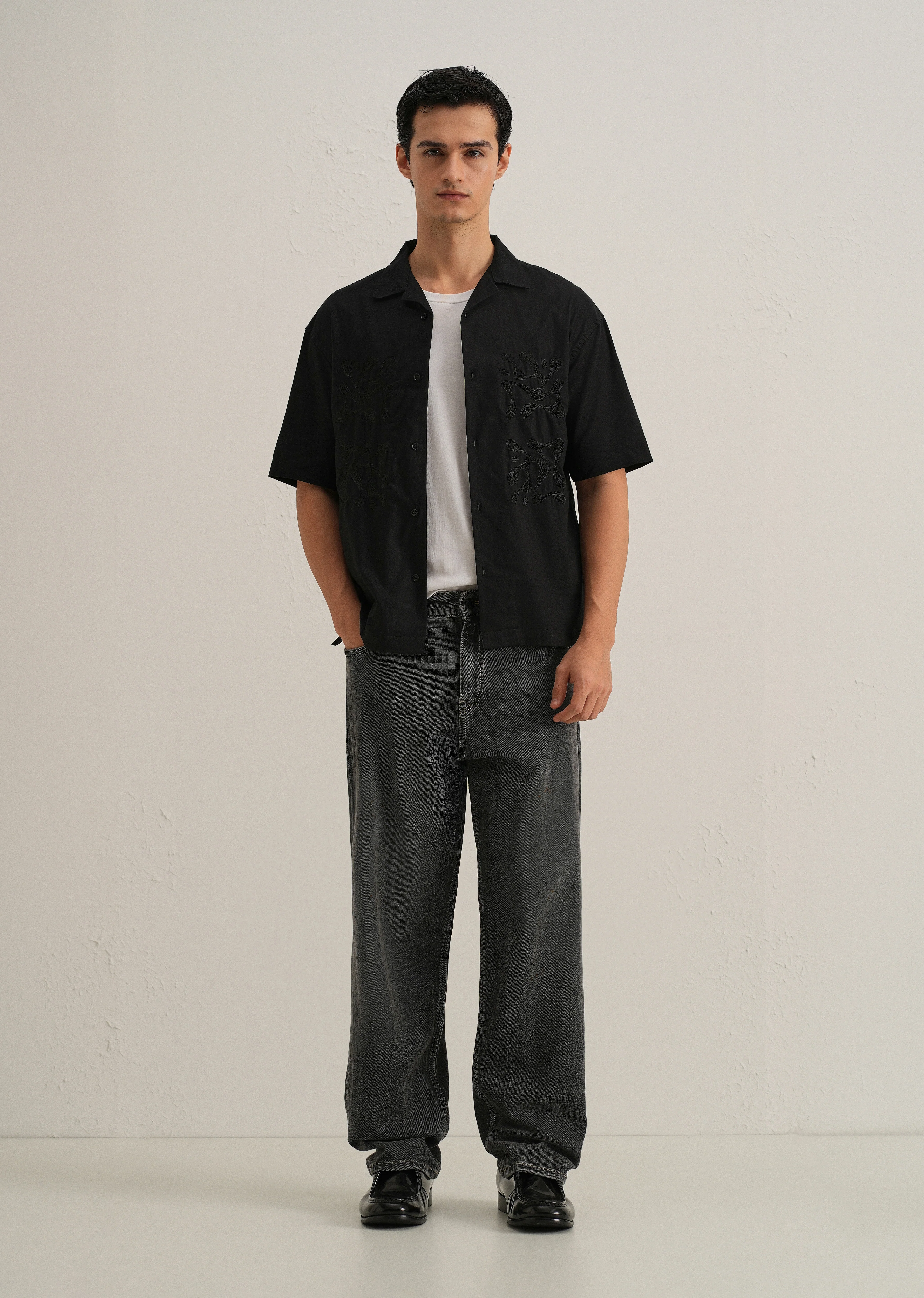 Black Embroidery Cuban Collar Cotton Shirt - Image 6