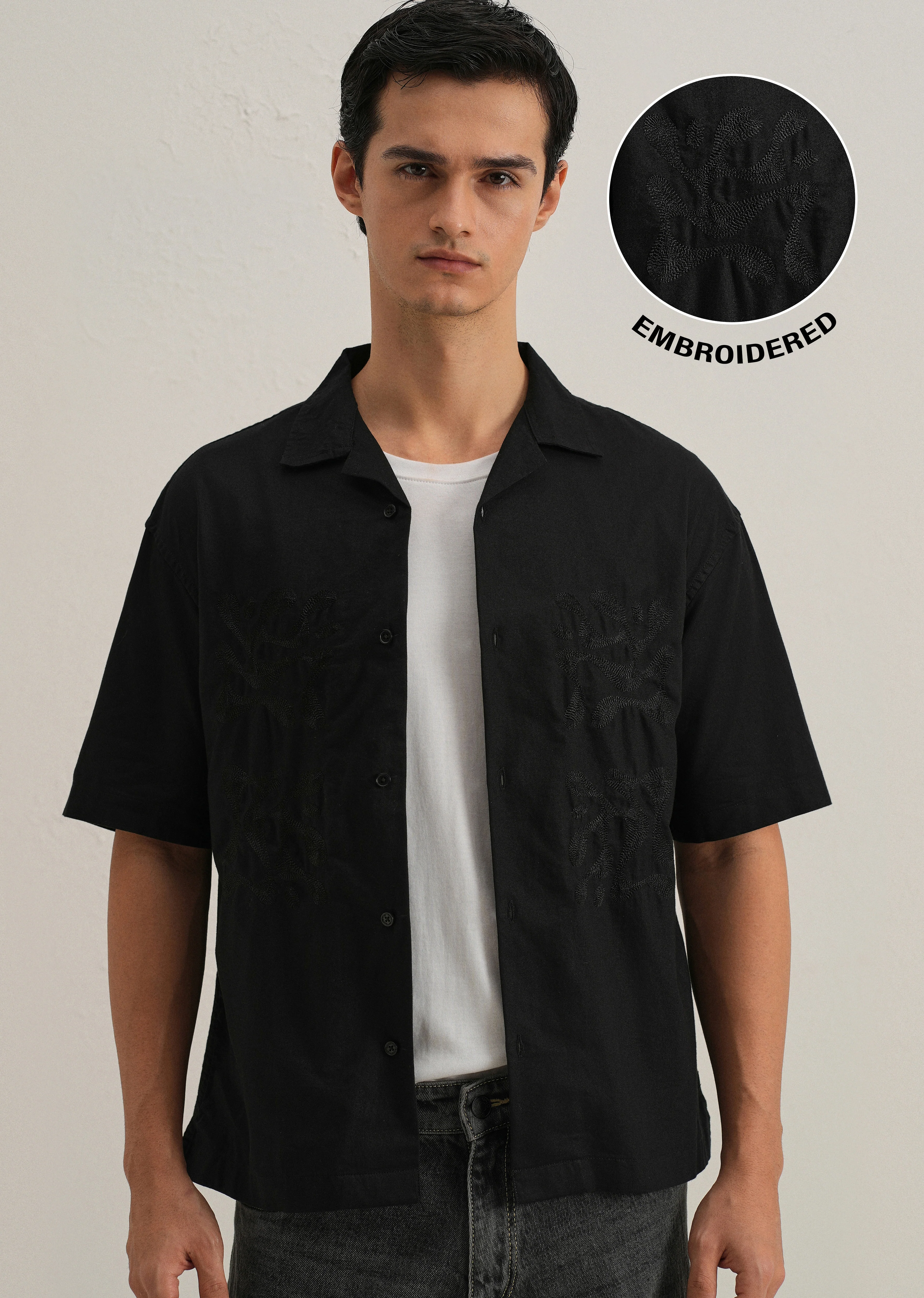 Black Embroidery Cuban Collar Cotton Shirt - Image 7