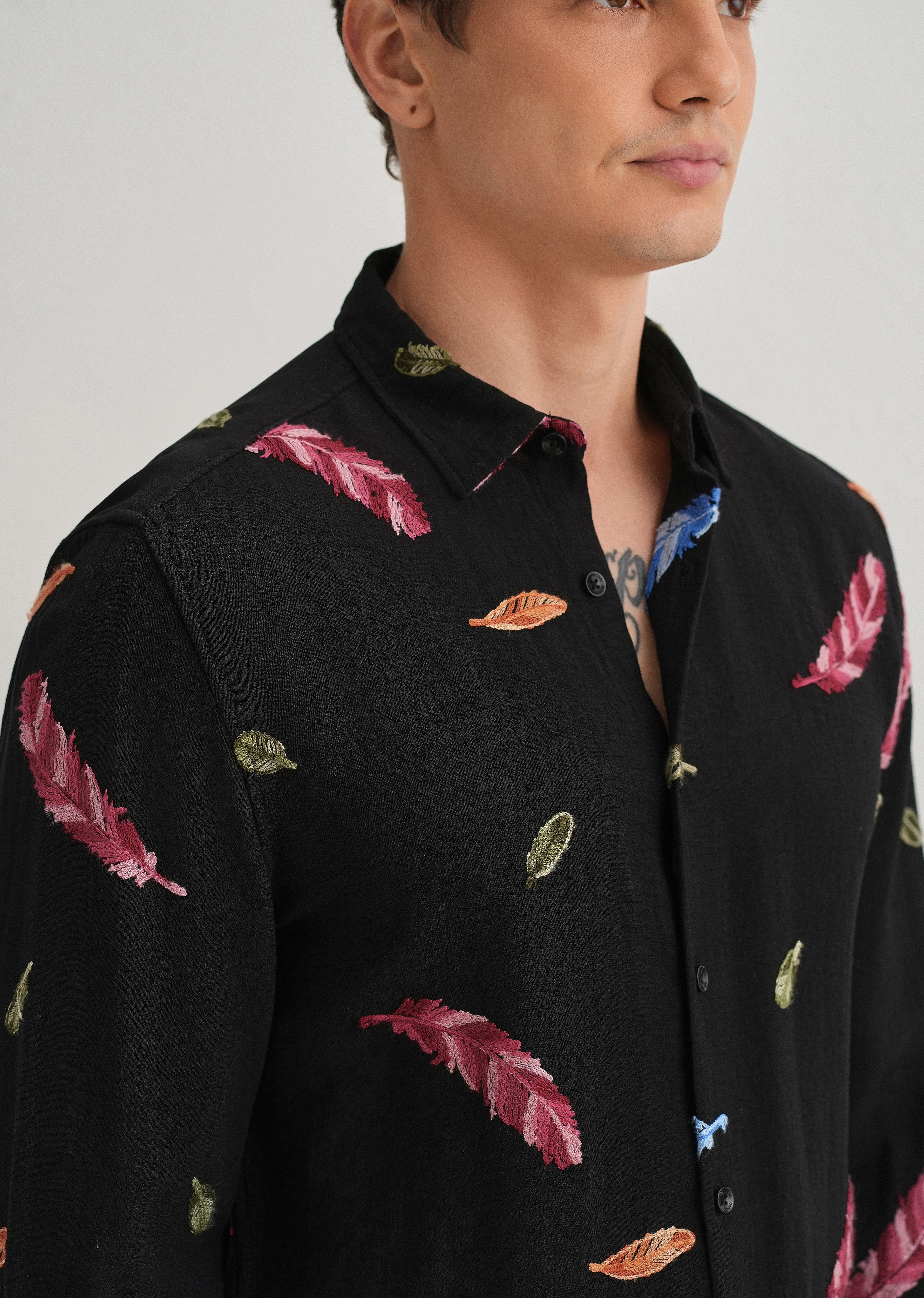 Black Feather Leaf Embroidery Shirt - Image 2