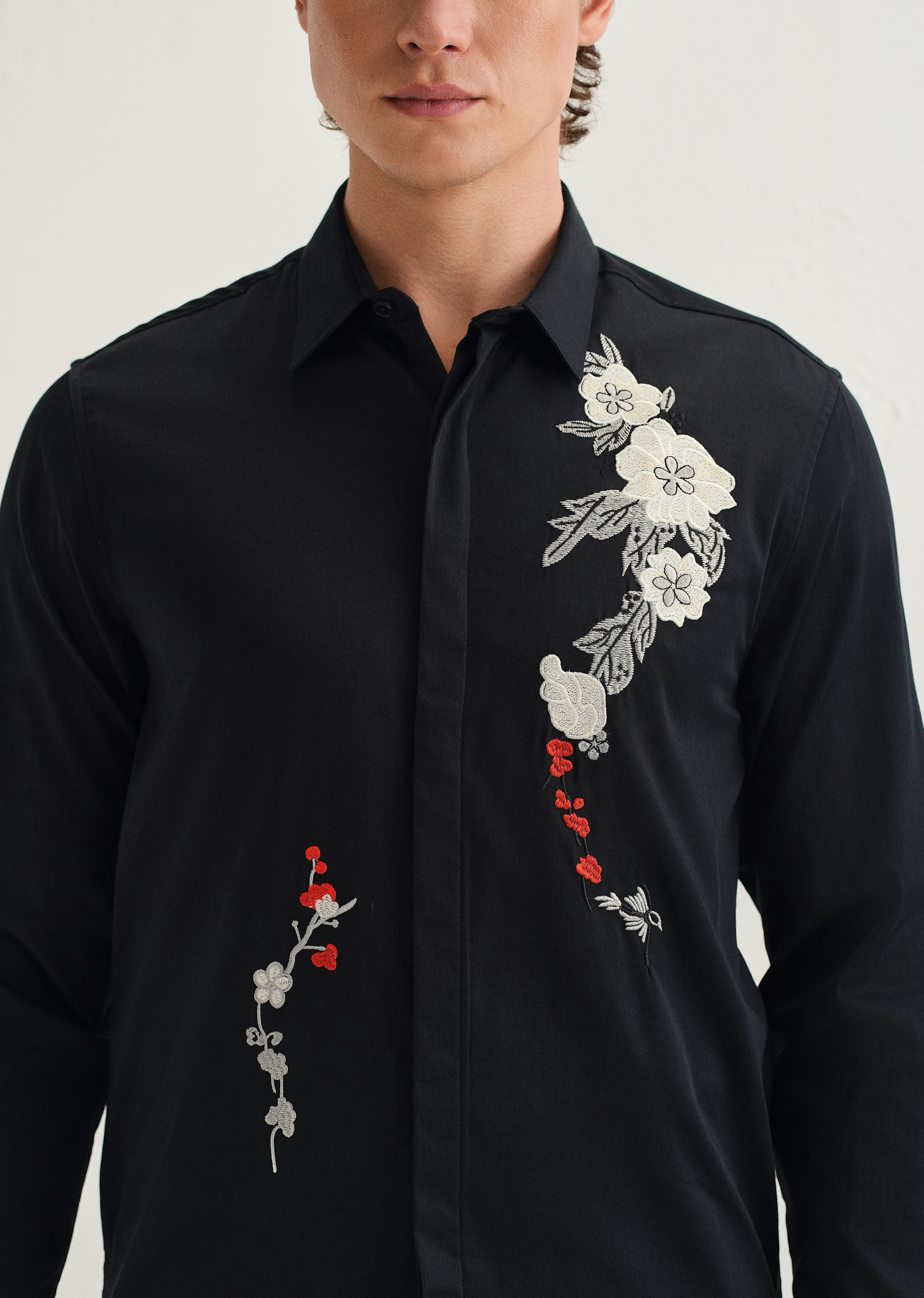 Black Floral Embroidered Designer Shirt - Image 5